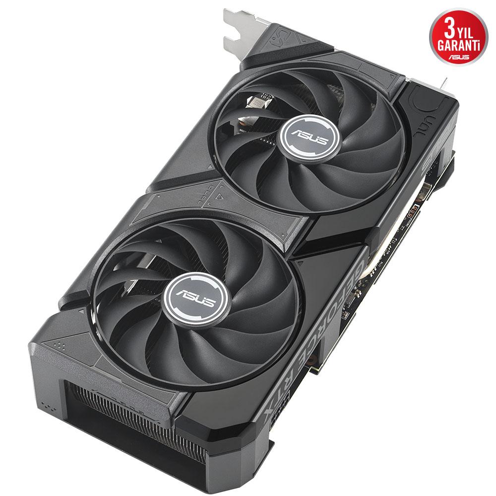 İki fanlı ve ASUS logolu siyah grafik kartı.