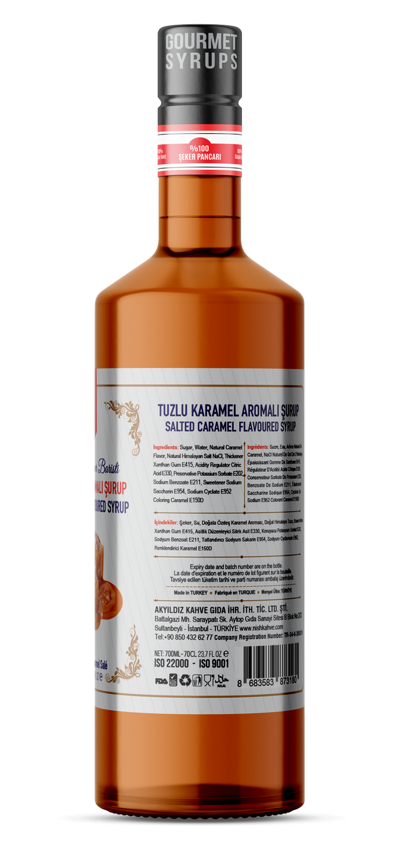 Tuzlu Karamel Aromalı Şurup şişesi. Etiketteki malzemeler ve besin bilgileri.