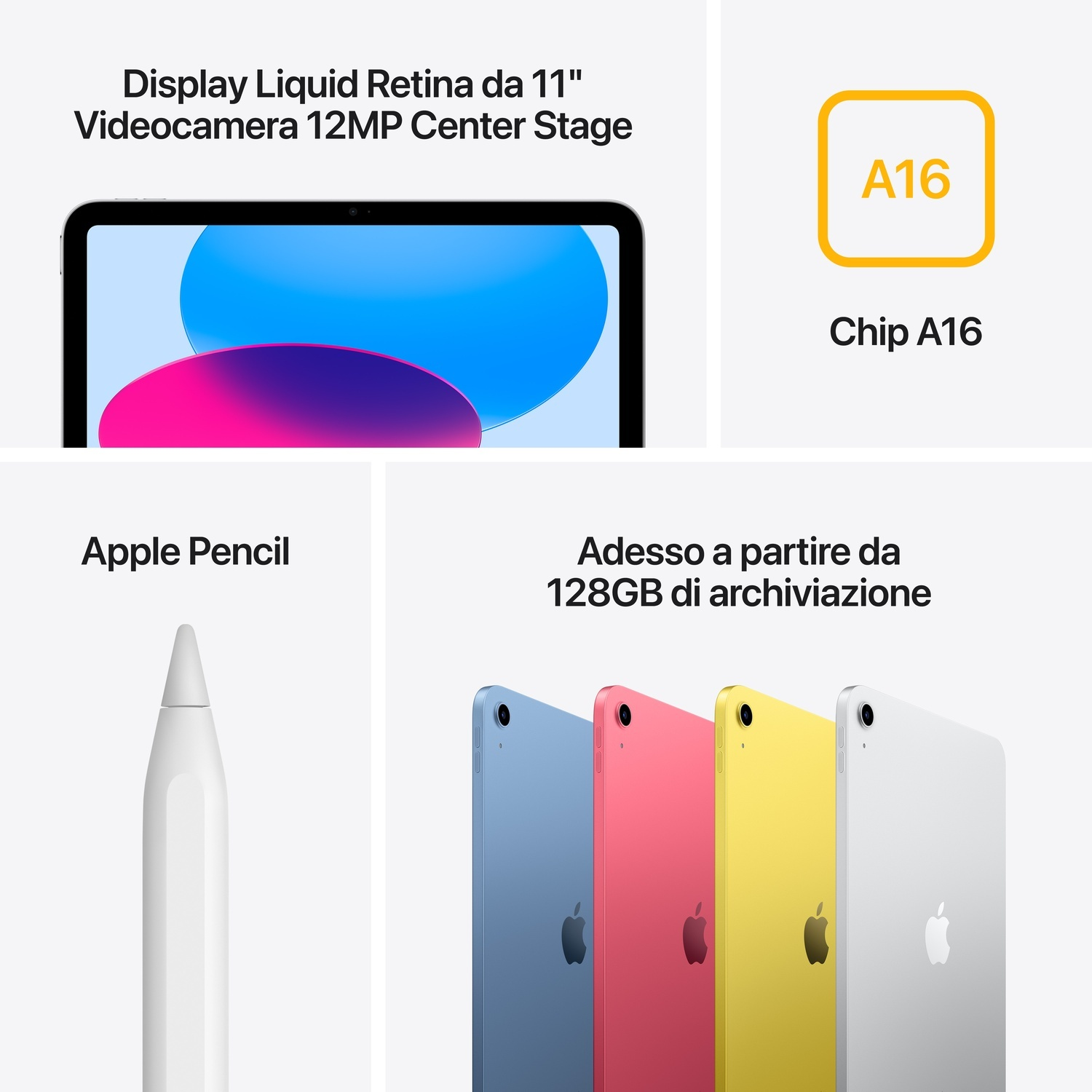 Un iPad con una Apple Pencil bianca e quattro iPad colorati. Il chip A16 è evidenziato.
