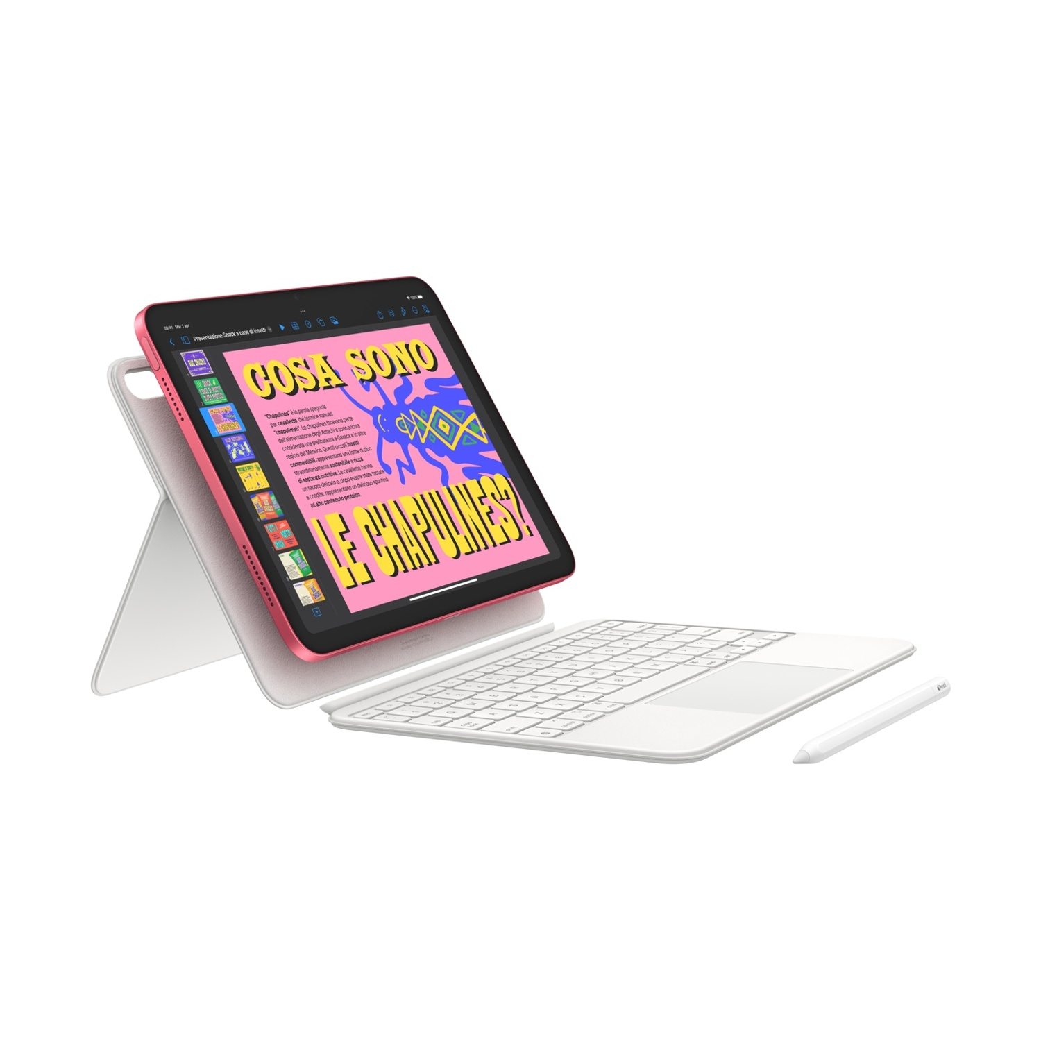 Un tablet rosa con testo sullo schermo, una tastiera bianca e una penna bianca, isolato su bianco.