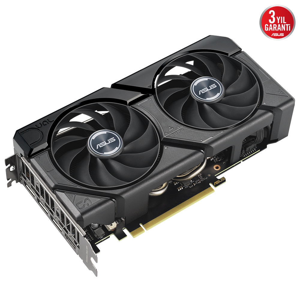 İki fanlı ve ASUS logolu siyah-gri bir grafik kartı, beyaz arka plan üzerinde.