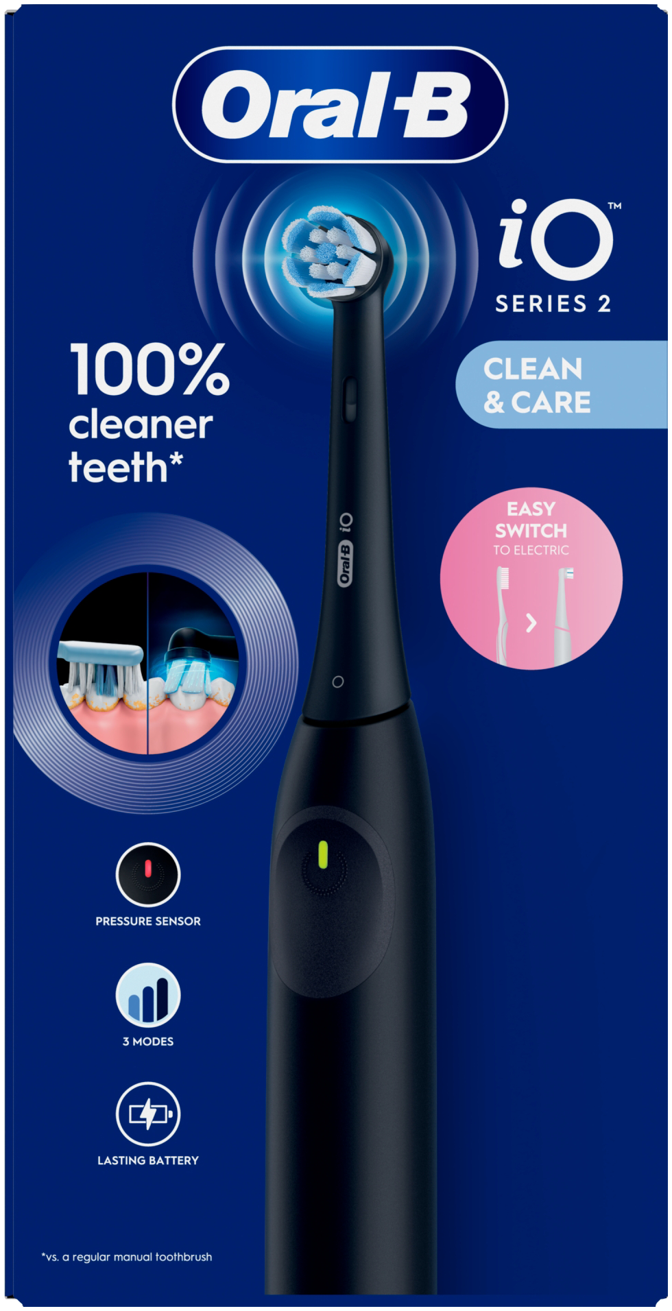 Egy fekete Oral-B iO Series 2 elektromos fogkefe, kék háttérrel. Kiemeli a funkciókat.