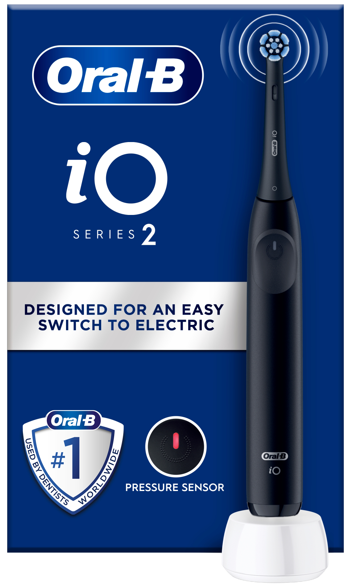 Oral-B iO Series 2 elektromos fogkefe és csomagolása, kék-fehér designnal.