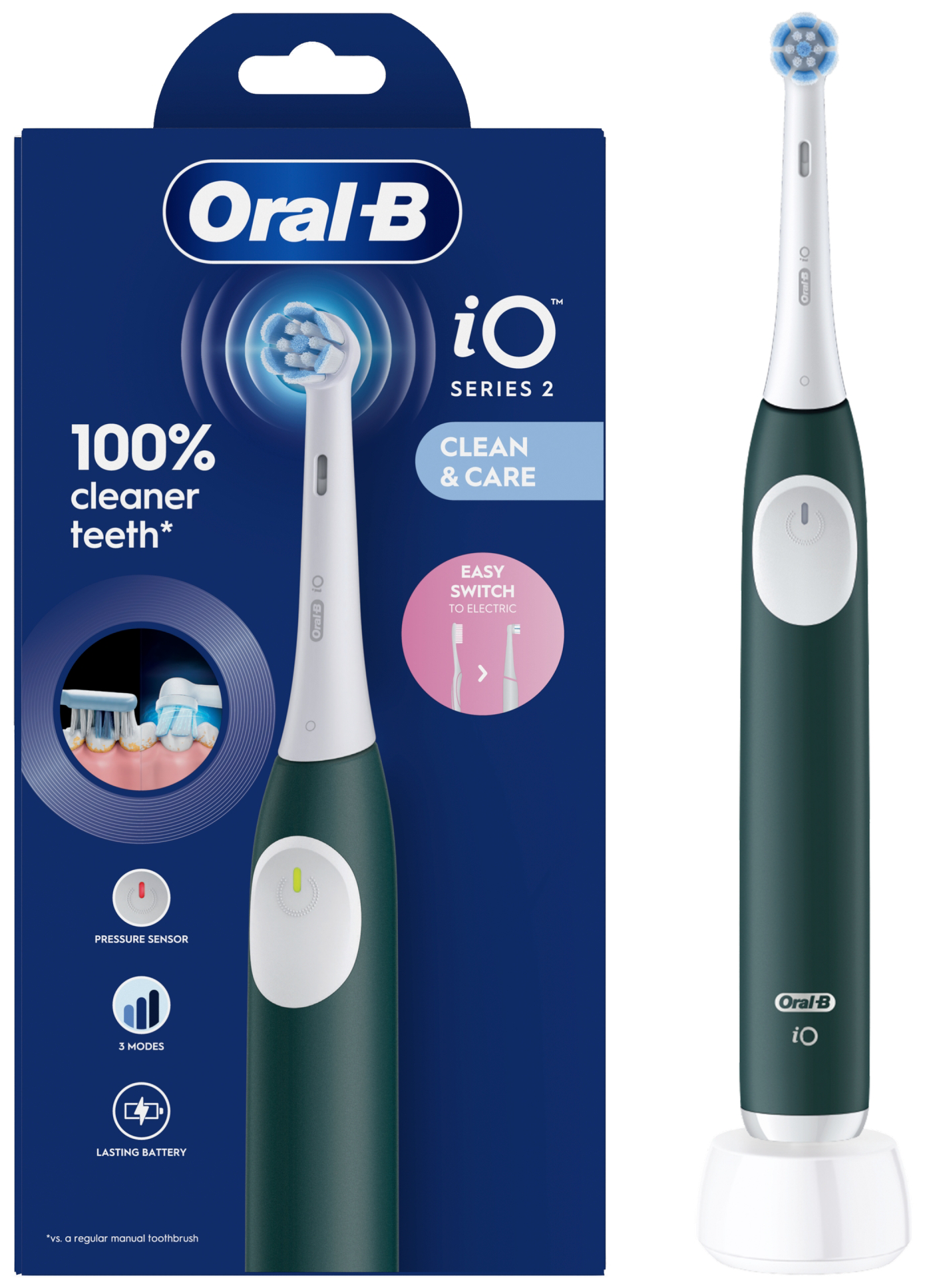 Oral-B iO Series 2 elektromos fogkefe csomagolással, zöld-fehér dizájnnal.