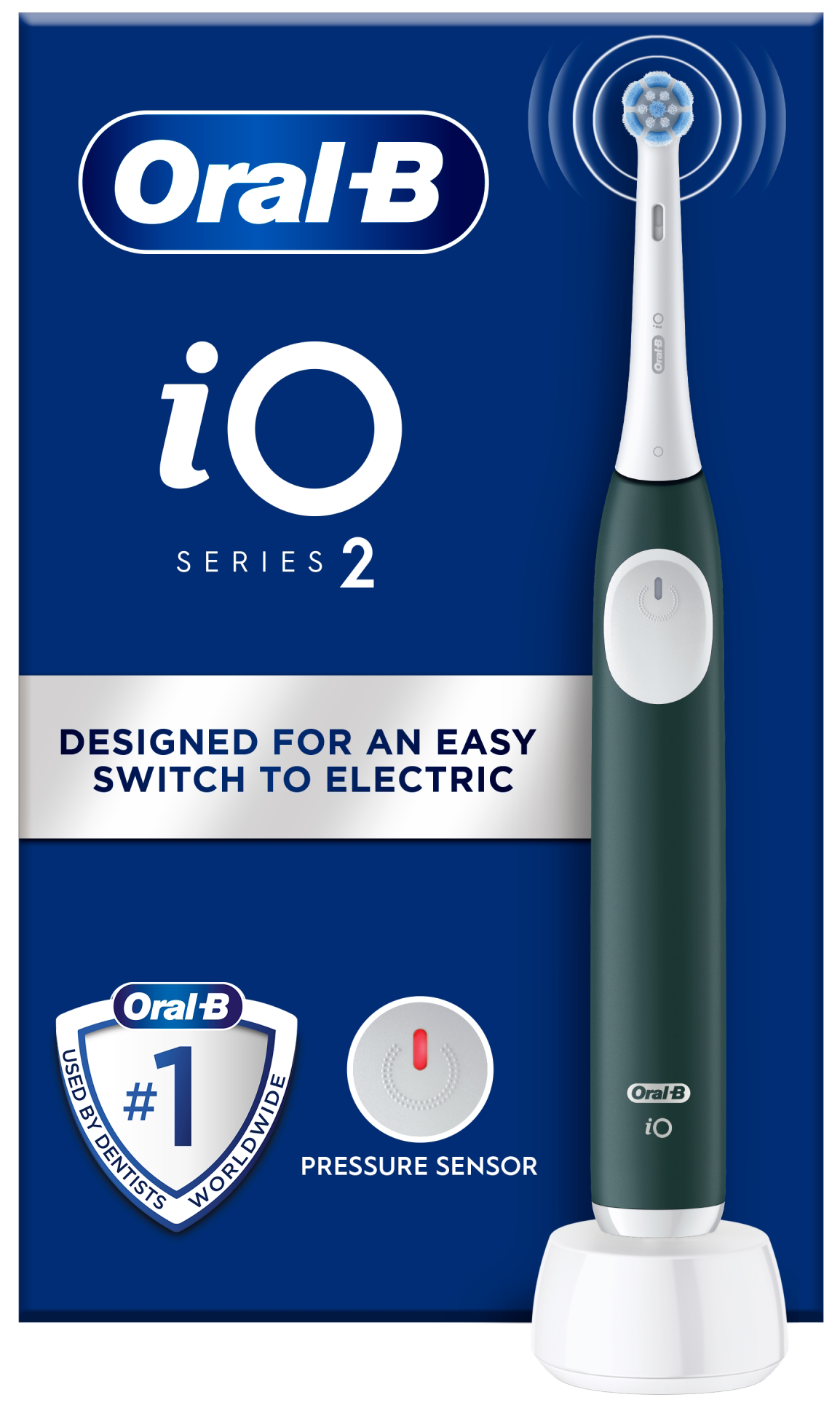 Oral-B iO Series 2 elektromos fogkefe doboza. A fogkefe zöld, fehér díszítéssel.