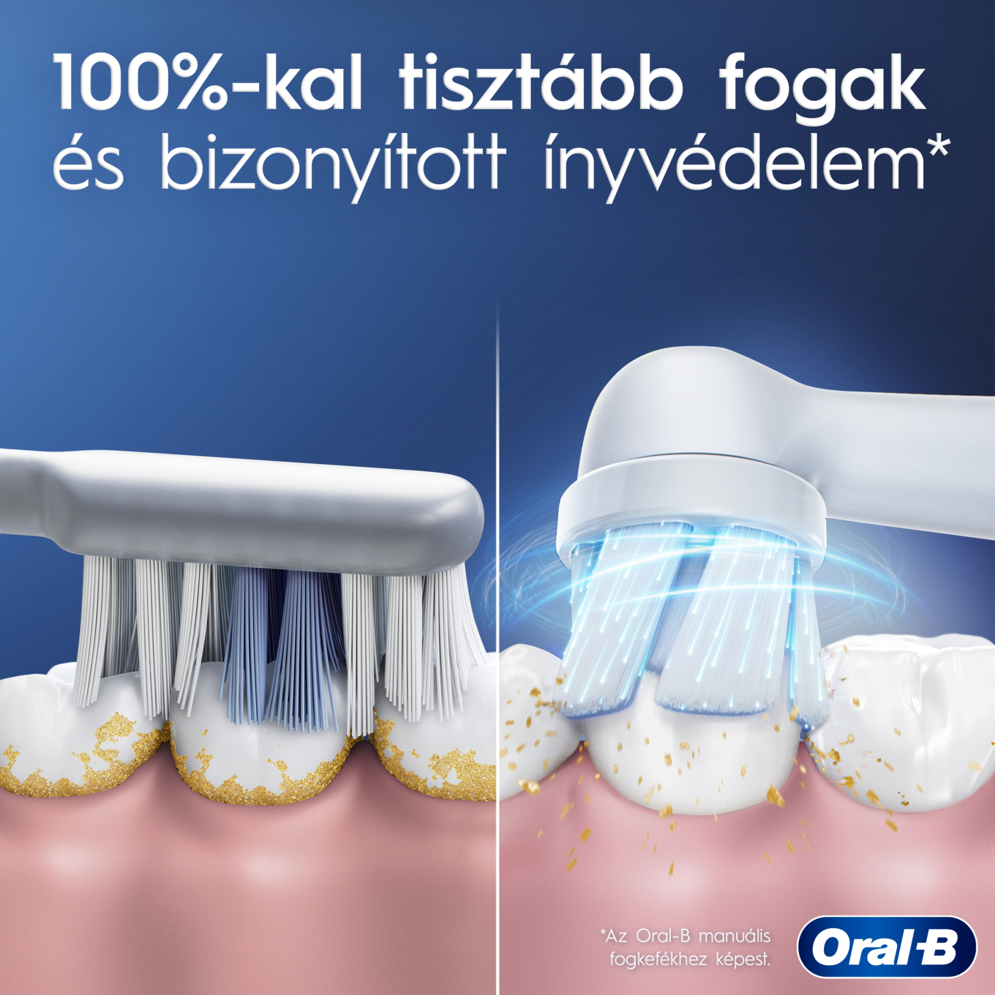 A képen fogak tisztítása látható, magyar nyelvű szöveggel. Jobbra egy elektromos fogkefe látható.