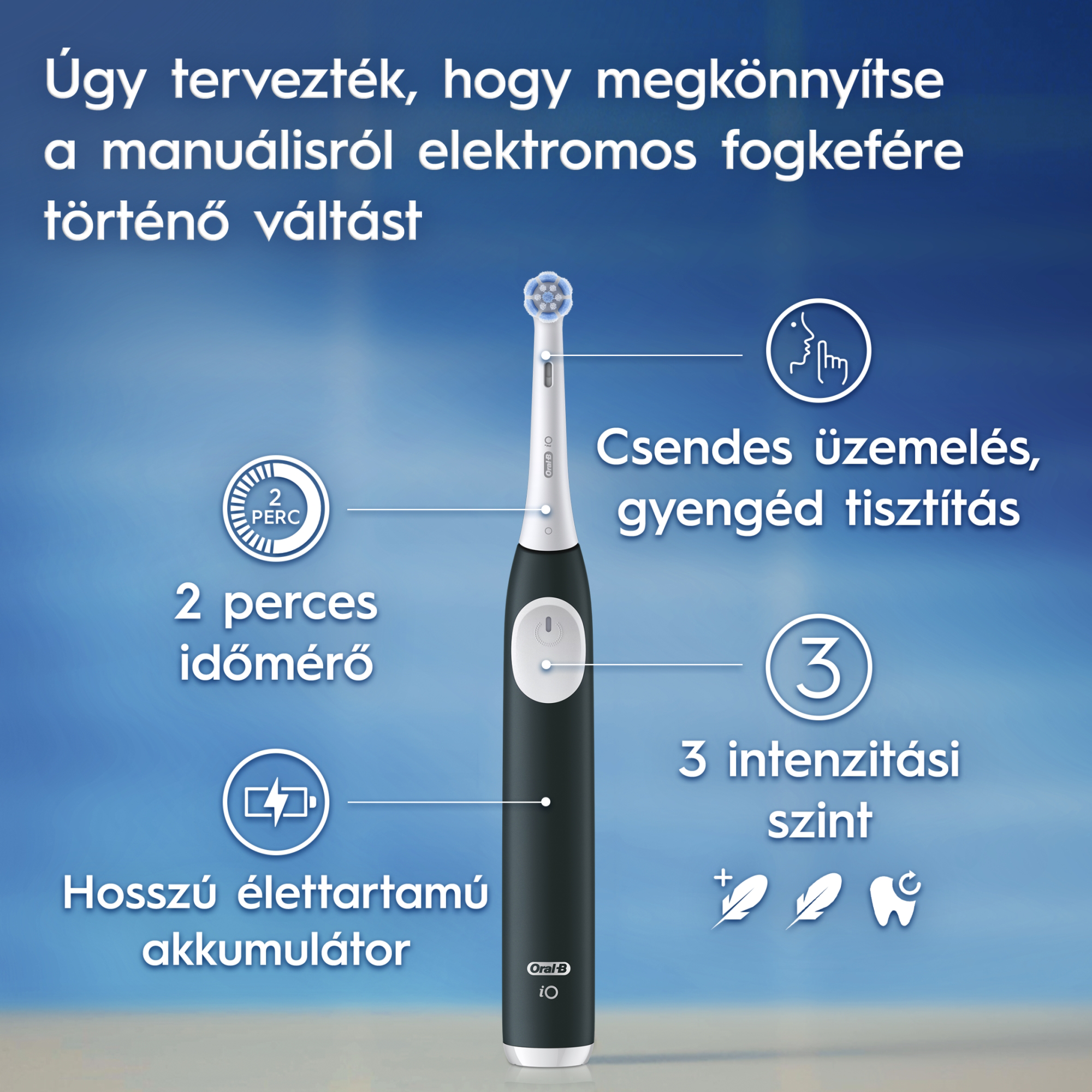 Fekete elektromos fogkefe funkció ikonokkal és szöveggel.