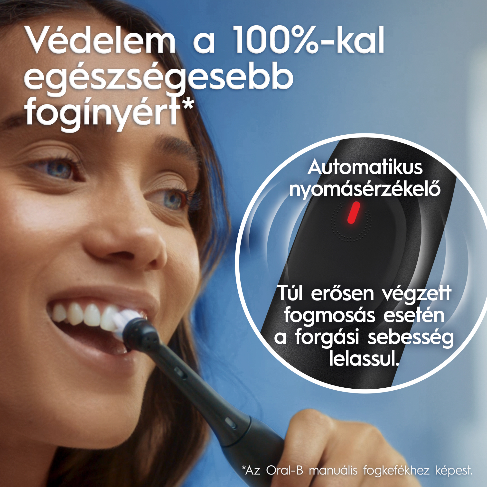 Egy nő elektromos fogkefével mos fogat, közelkép, magyar nyelvű szöveggel.