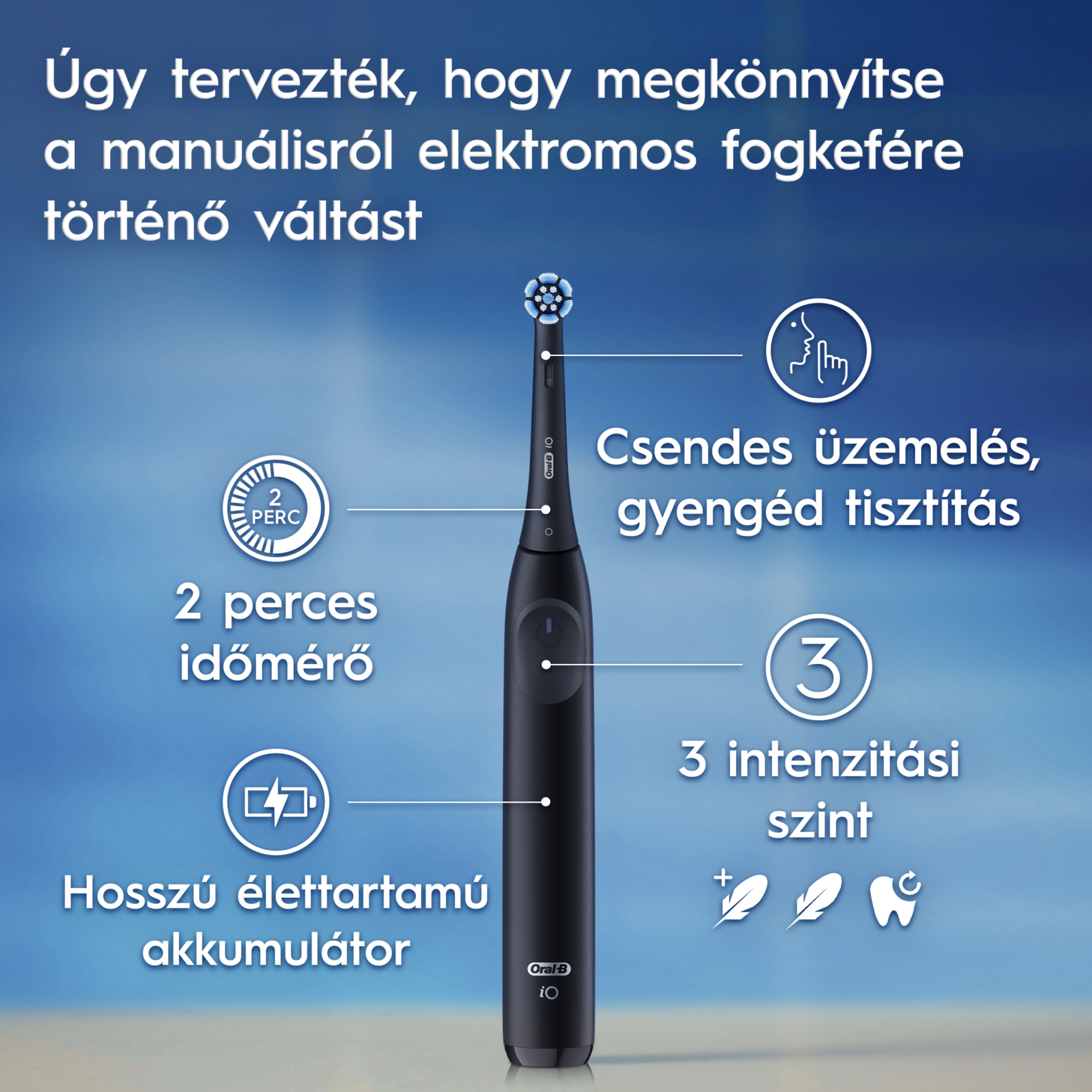 Fekete elektromos fogkefe, feliratozott részekkel. Tartalmaz időzítőt, akkumulátor élettartamot és intenzitás beállításokat.