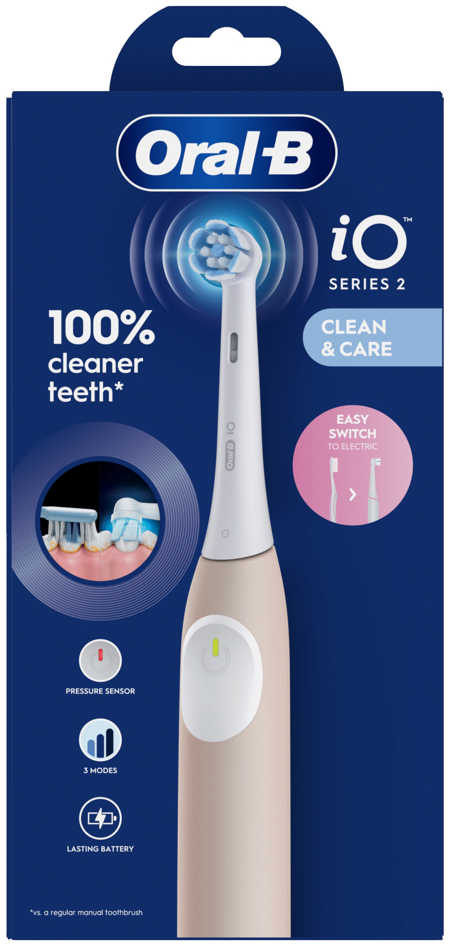 Oral-B iO Series 2 elektromos fogkefe csomagolása, részletekkel és funkciókkal.
