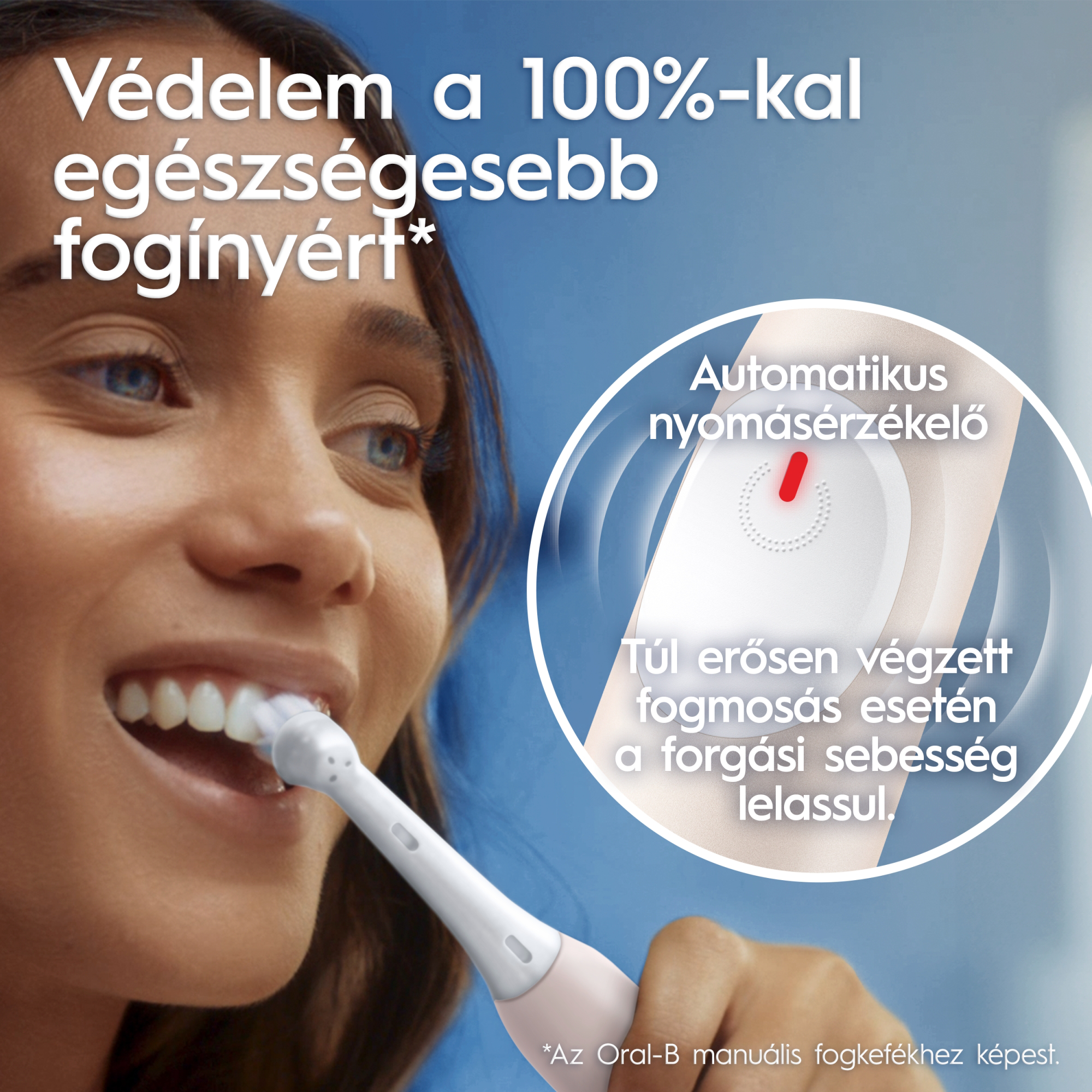 Nő elektromos fogkefével mos fogat.