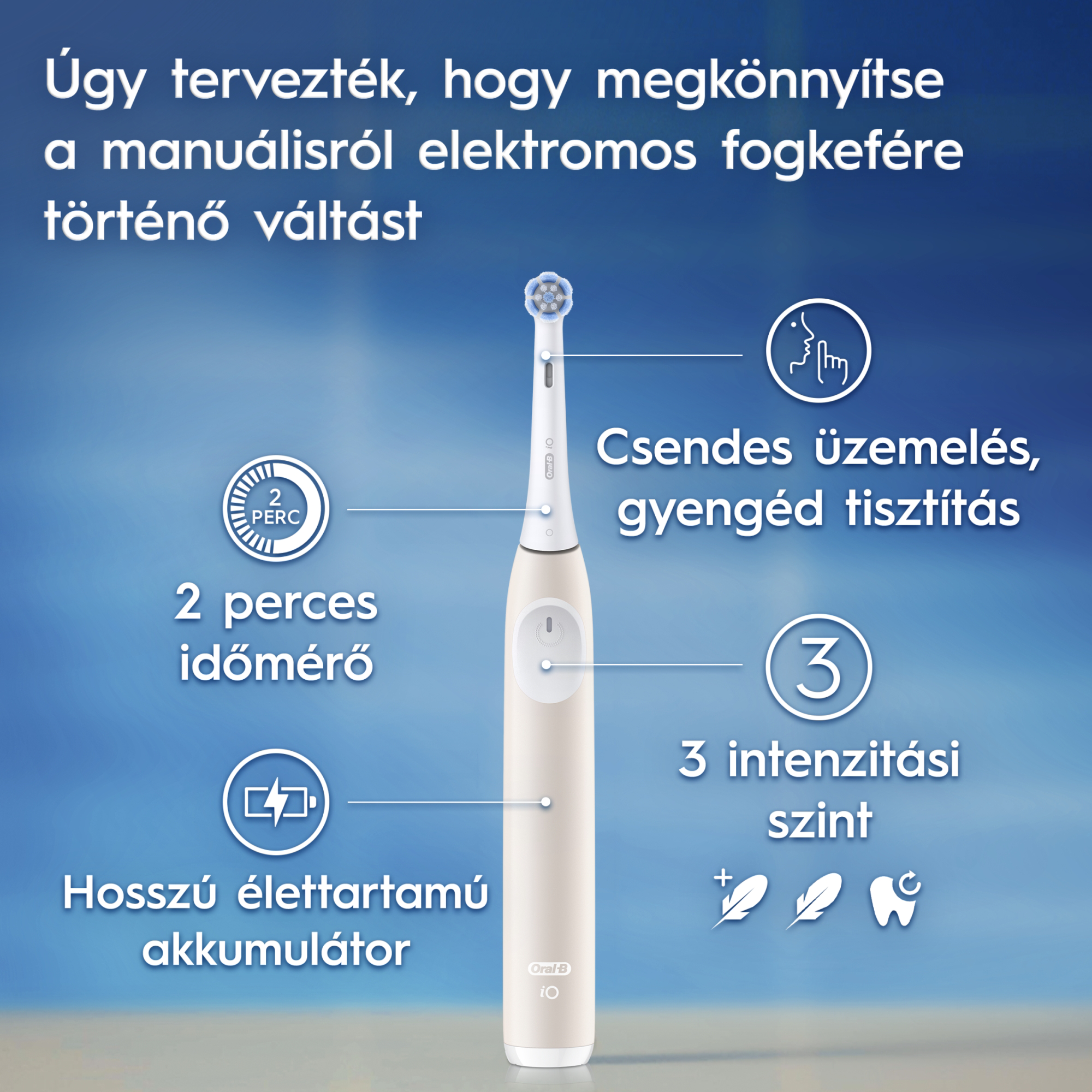 Egy elektromos fogkefe szöveges címkékkel. A kefe részletei láthatók.