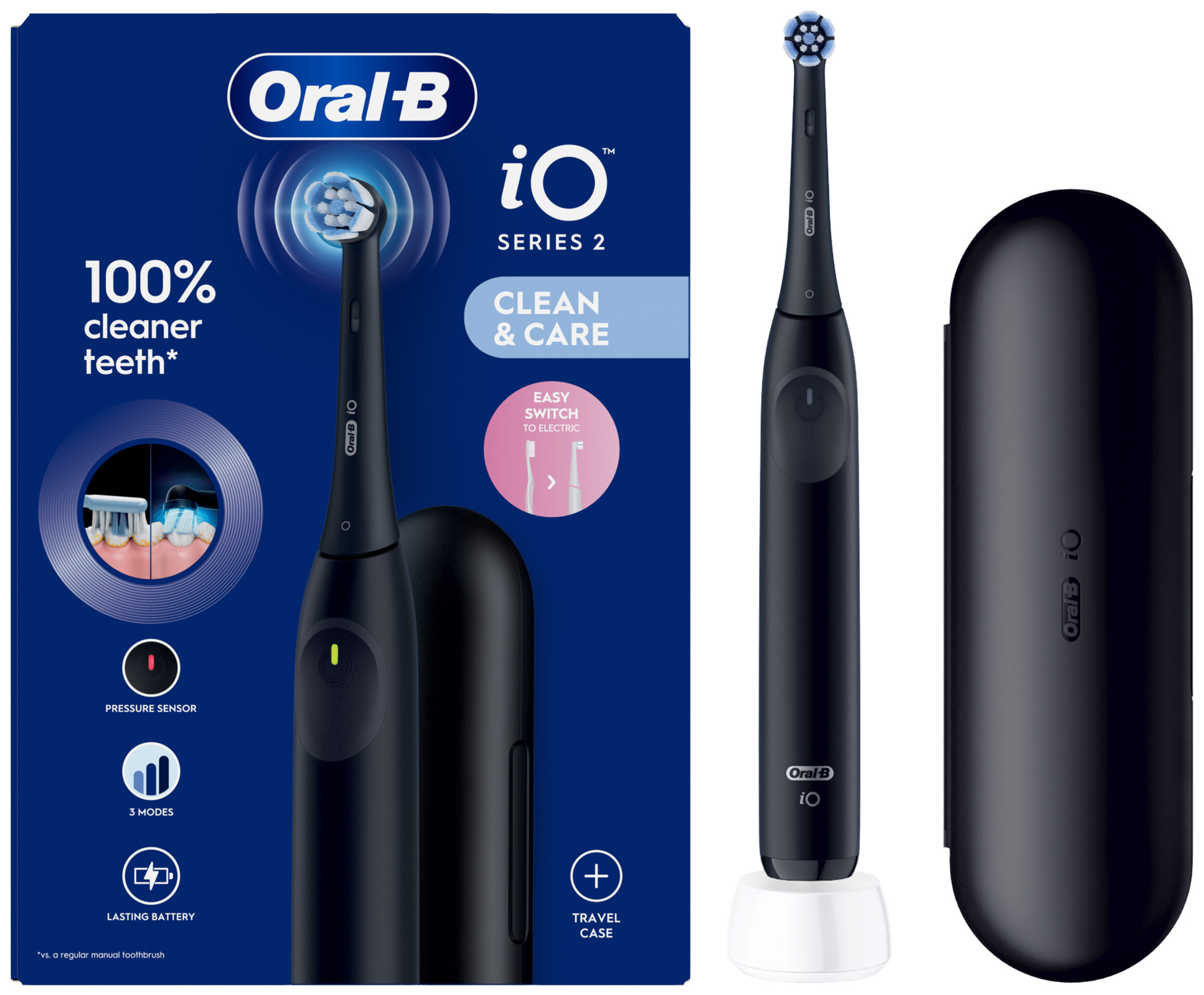 Oral-B iO Series 2 elektromos fogkefe. Fekete fogkefe, fehér töltőtalp és utazótok.
