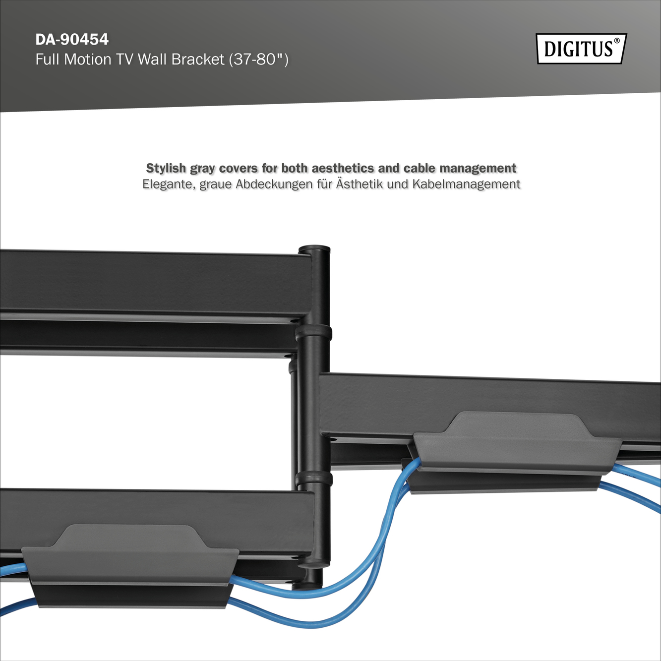 Eine schwarze TV-Wandhalterung mit blauen Kabeln wird vor weißem Hintergrund gezeigt.