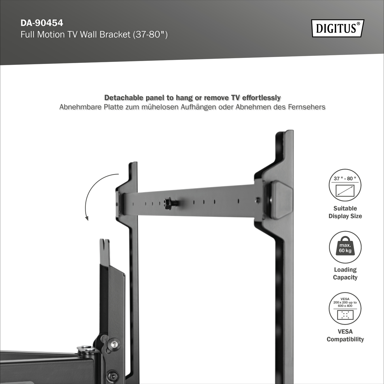 Eine Wandhalterung mit Diagrammen und Beschriftungen, die Maße und VESA-Kompatibilität zeigen.