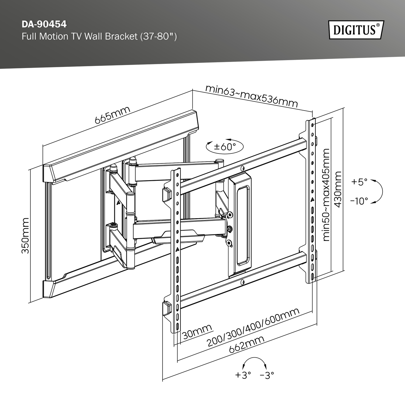 TV-Wandhalterungsdiagramm mit Messungen und Abmessungen, weißer Hintergrund.