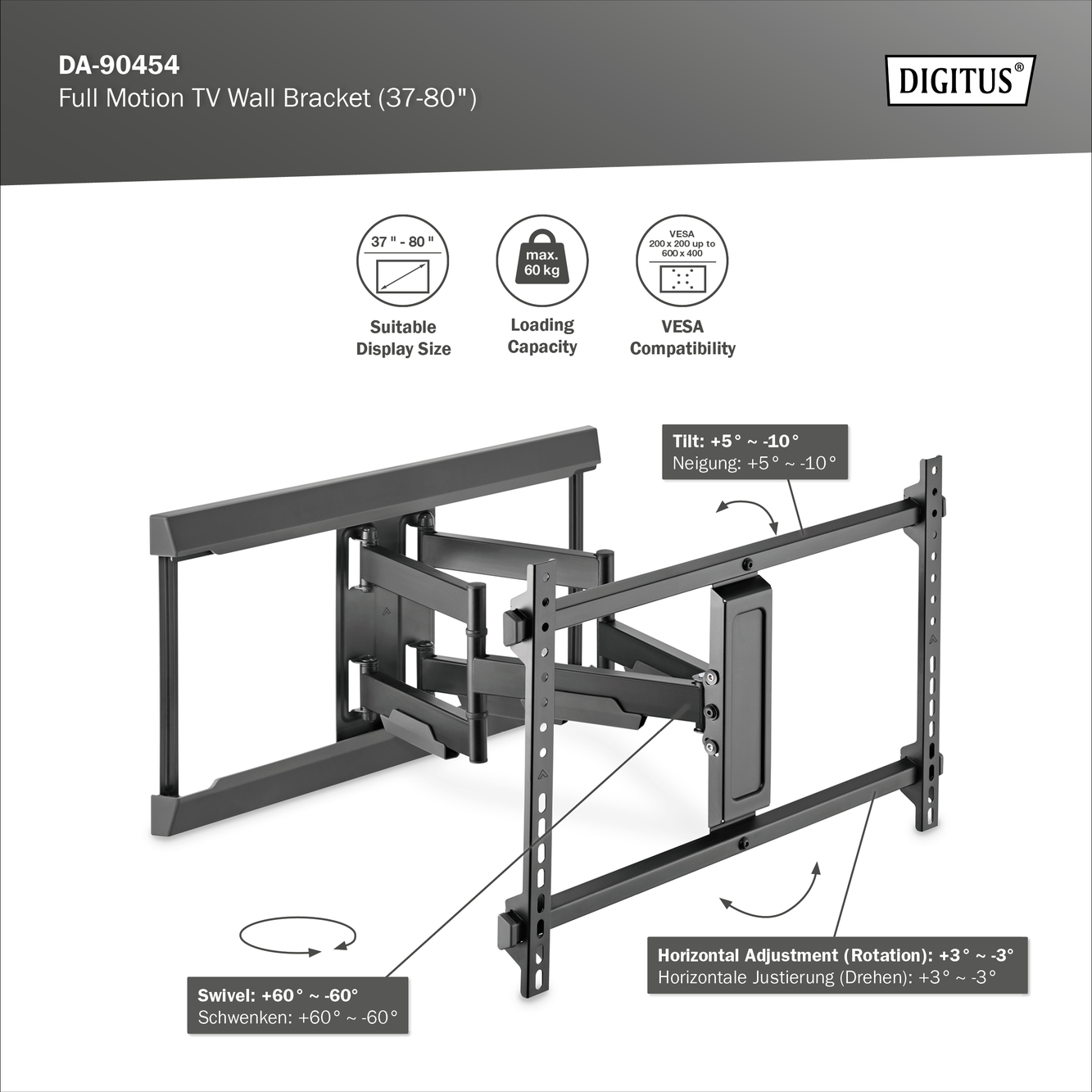 Vollbewegliche TV-Wandhalterung. Schwarze Metallkonstruktion mit mehreren Gelenken und Einstellpunkten.