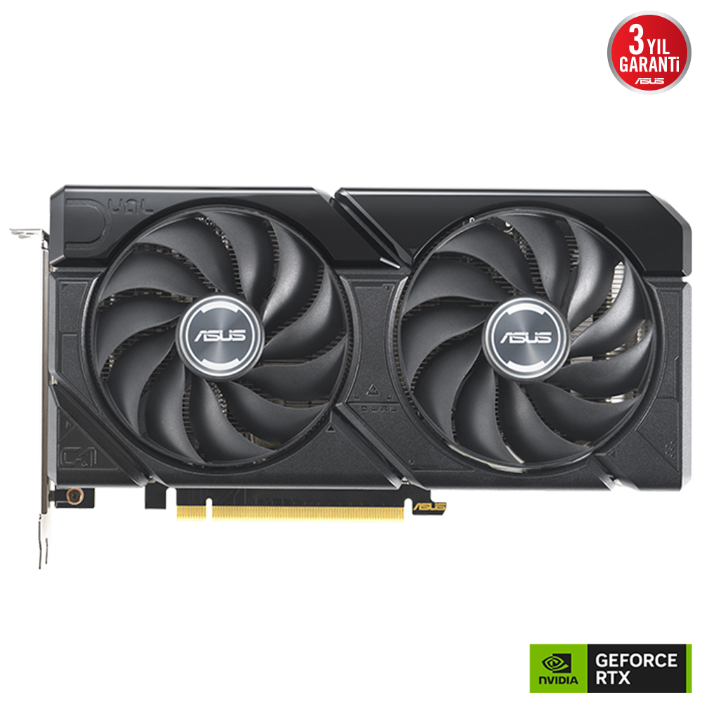 Beyaz zemin üzerinde iki fanlı siyah bir ASUS grafik kartı.