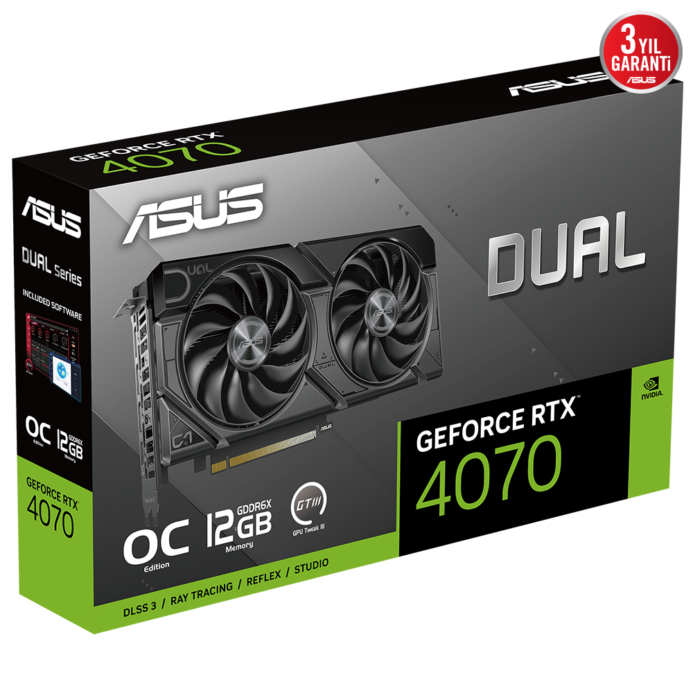 GeForce RTX 4070 başlıklı, siyah ve yeşil bir grafik kartı kutusu. Marka ASUS DUAL.