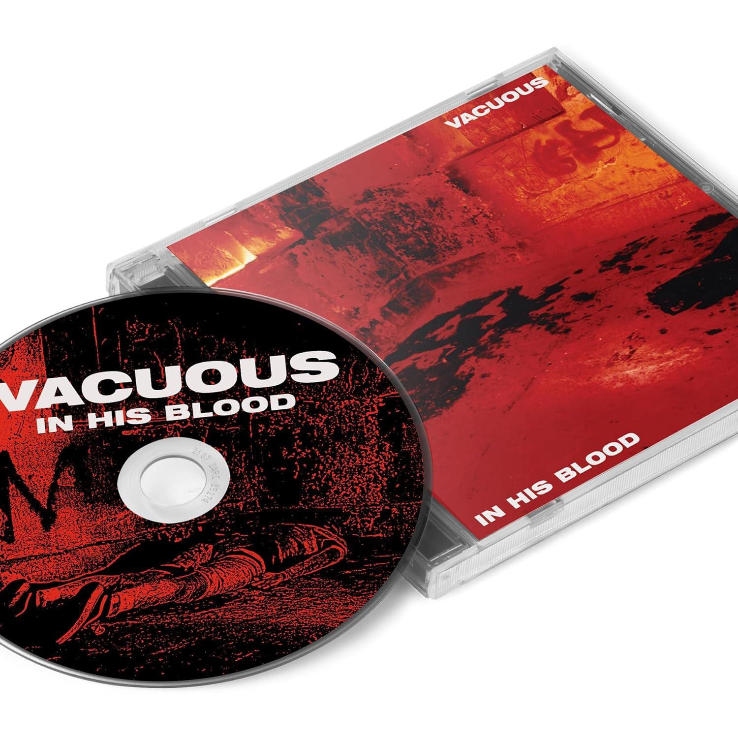 CD-Hülle mit CD. Die CD hat Text: VACUOUS IN HIS BLOOD. Die Hülle hat rote und schwarze abstrakte Kunst.