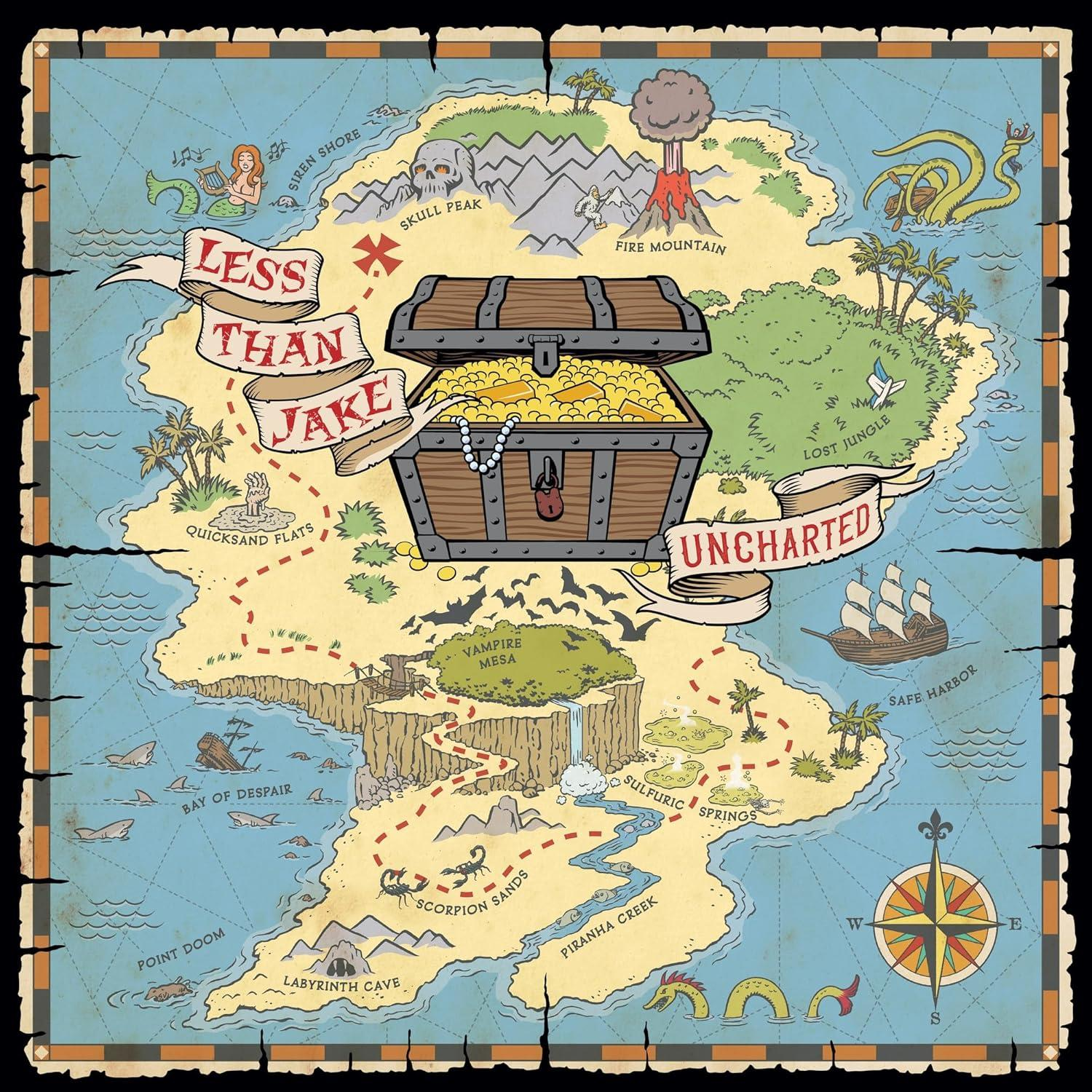 Piratenkarte mit Insel, Schatzkiste und beschrifteten Bereichen.