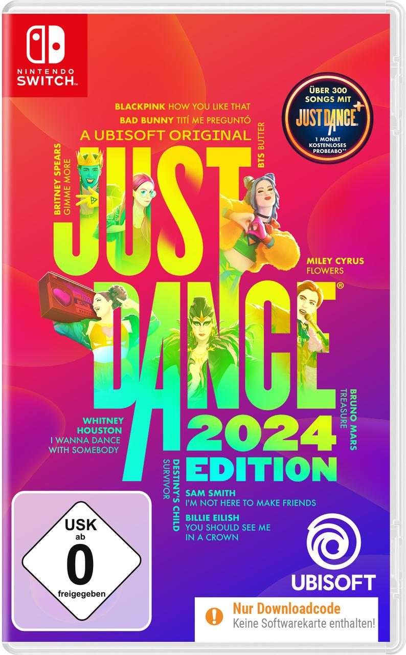 Just Dance 2024 Edition Spielbox mit bunten Figuren und einer USK 0 Bewertung.