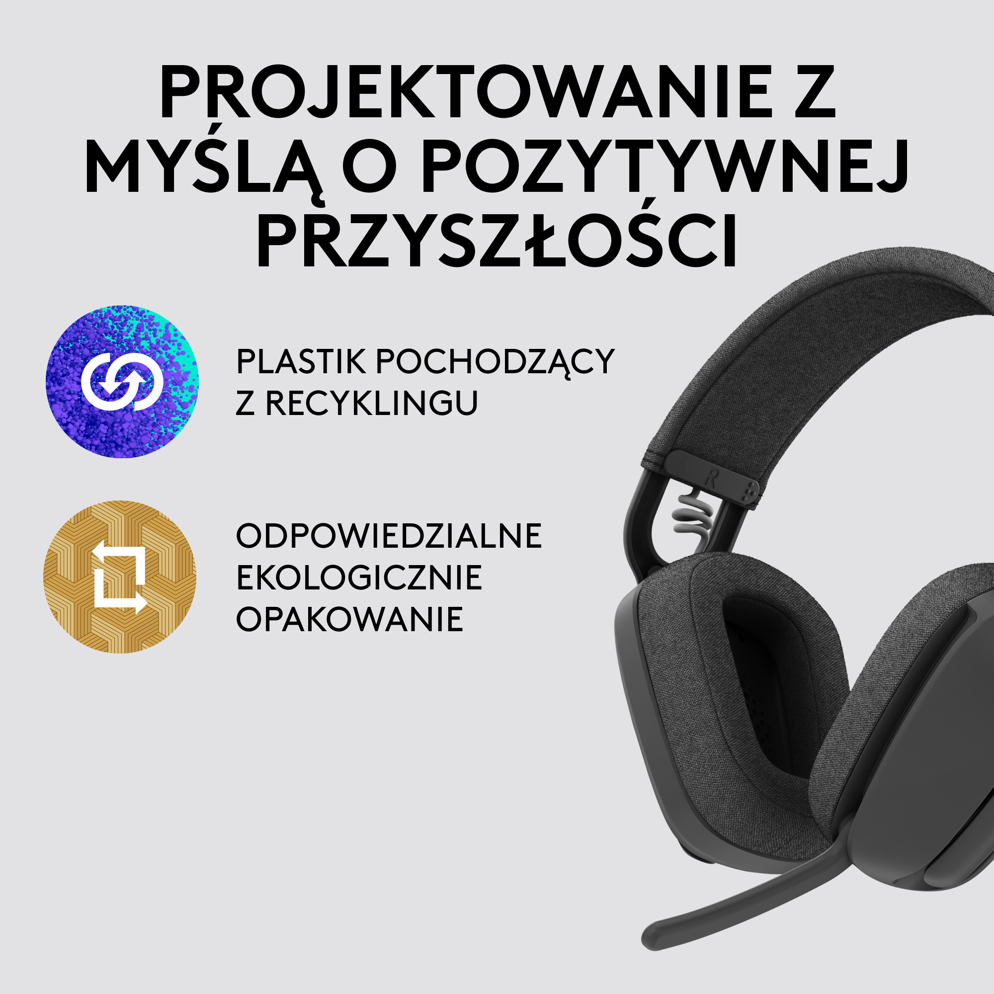 Wyświetlany jest zestaw słuchawkowy z mikrofonem, z tekstem o recyklingu i odpowiedzialnym pakowaniu.