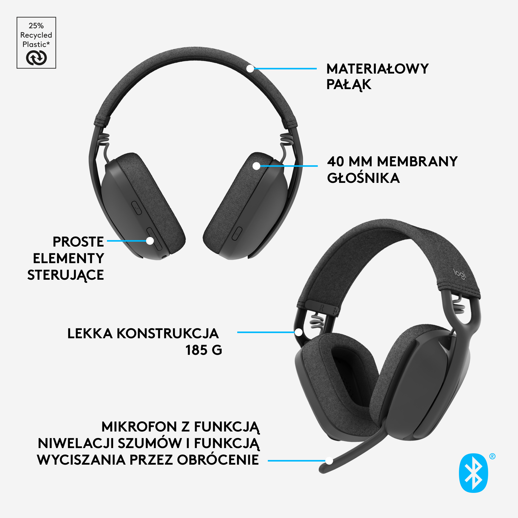 Czarne słuchawki z etykietami tekstowymi, lekka konstrukcja. Pokazany jest niebieski symbol bluetooth.