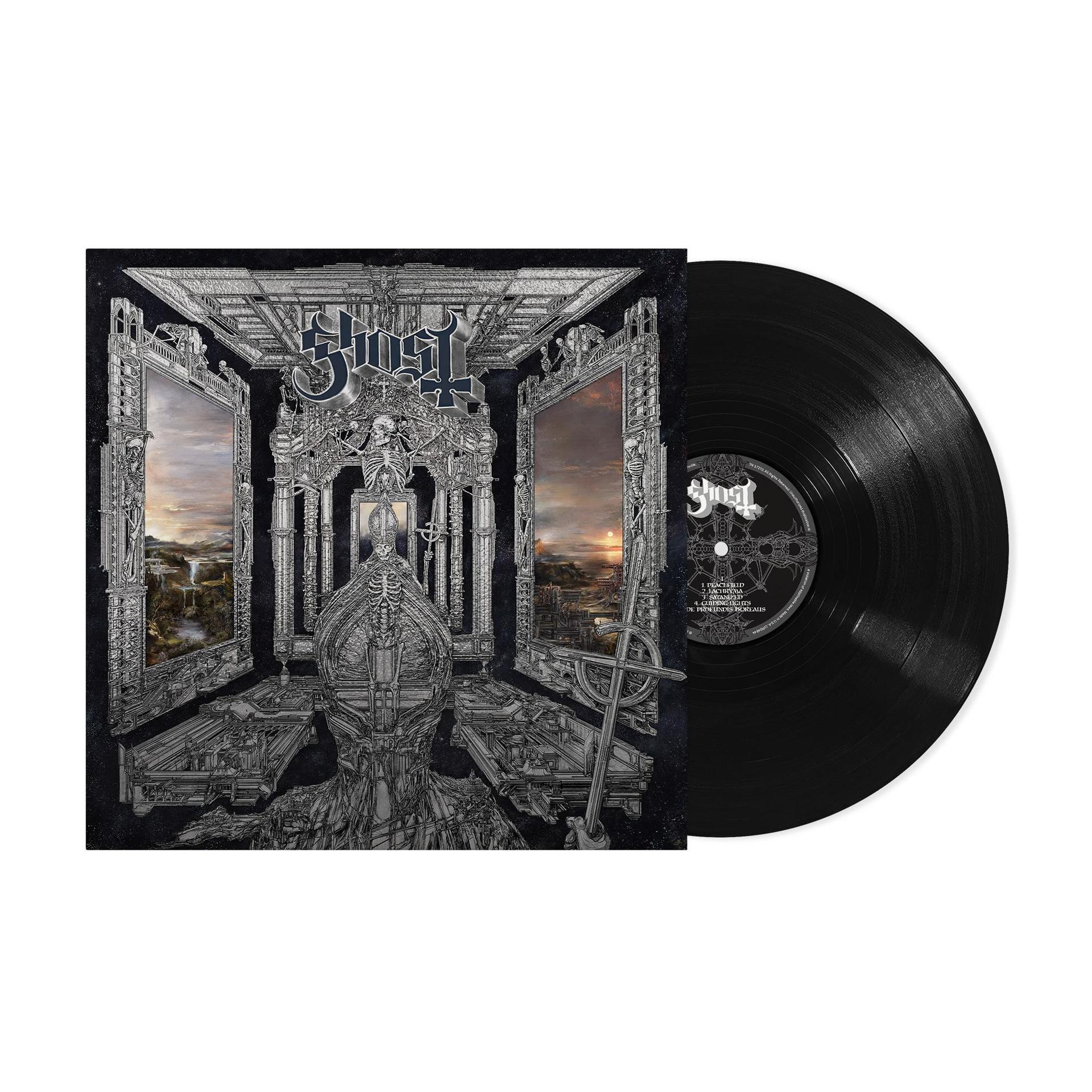 Schwarze Schallplatte mit Ghost-Albumcover.