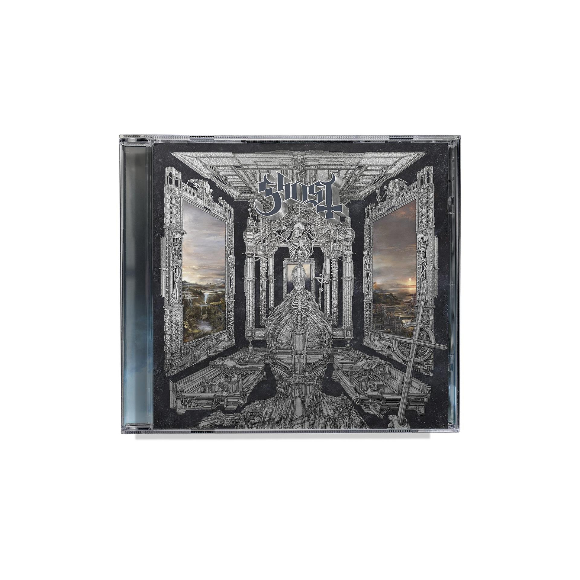 CD-Hülle mit Albumcover. Innenszene mit zwei Spiegeln und einer Skelettfigur.
