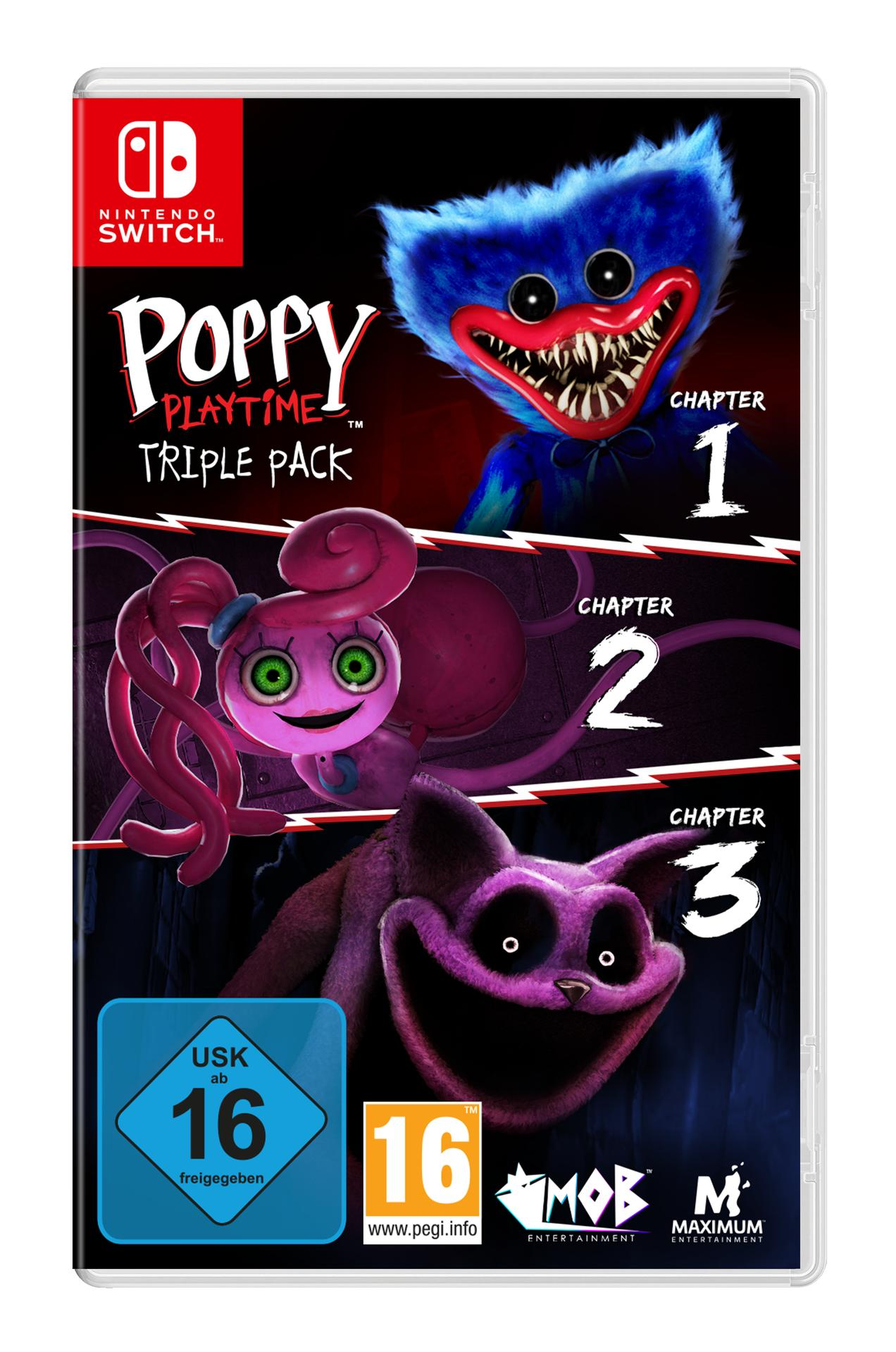 Nintendo Switch Spielhülle. Poppy Playtime Triple Pack Cover. Charaktere: Huggy Wuggy, Mommy Long Legs.