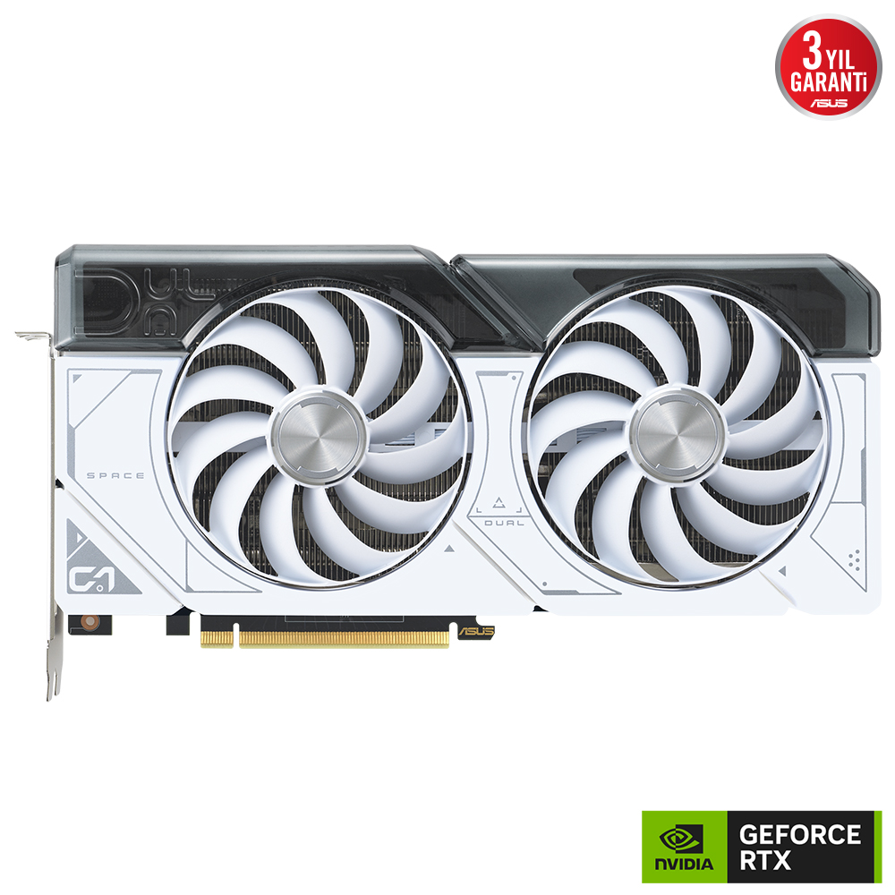 İki fanlı beyaz ve siyah grafik kartı. Alt kısımda GeForce RTX logosu.