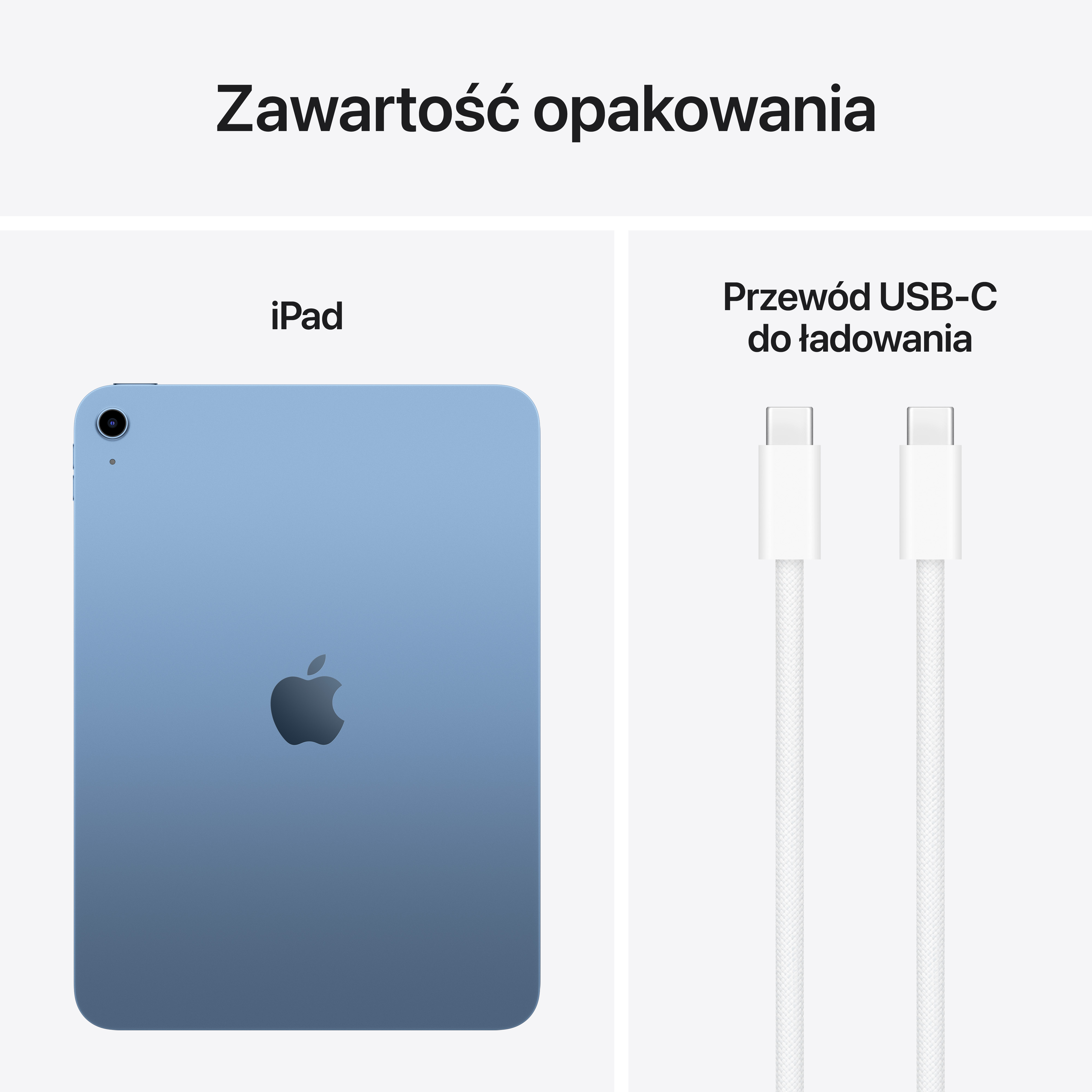 Niebieski iPad i dwa białe kable ładujące USB-C na białym tle.