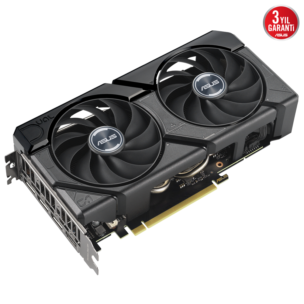 İki fanlı bir grafik kartı. Fanlarda ASUS yazıyor. Siyah ve gri renkler.