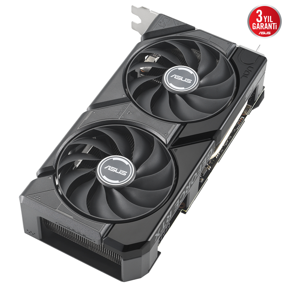 Siyah grafik kartı, iki fan, ASUS logosu ve 3 yıl garanti rozeti. Beyaz zemin üzerinde açılı görünüm.