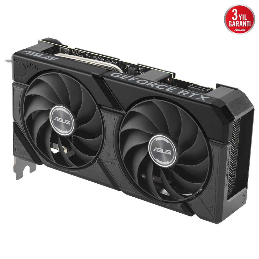 İki fanlı ve GeForce RTX logolu siyah bir ekran kartı.
