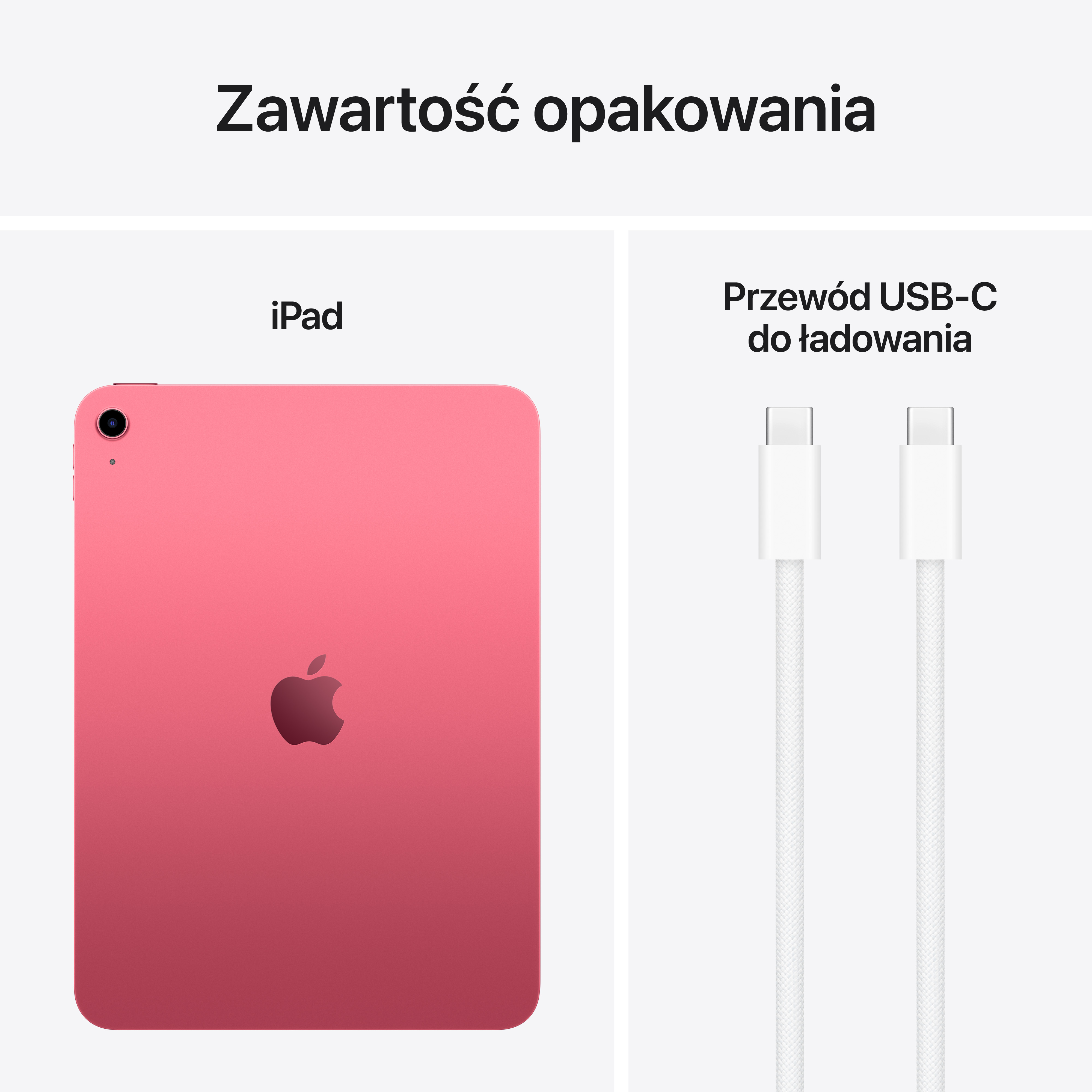 Różowy iPad i biały kabel USB-C na białym tle. Powyżej polski tekst.