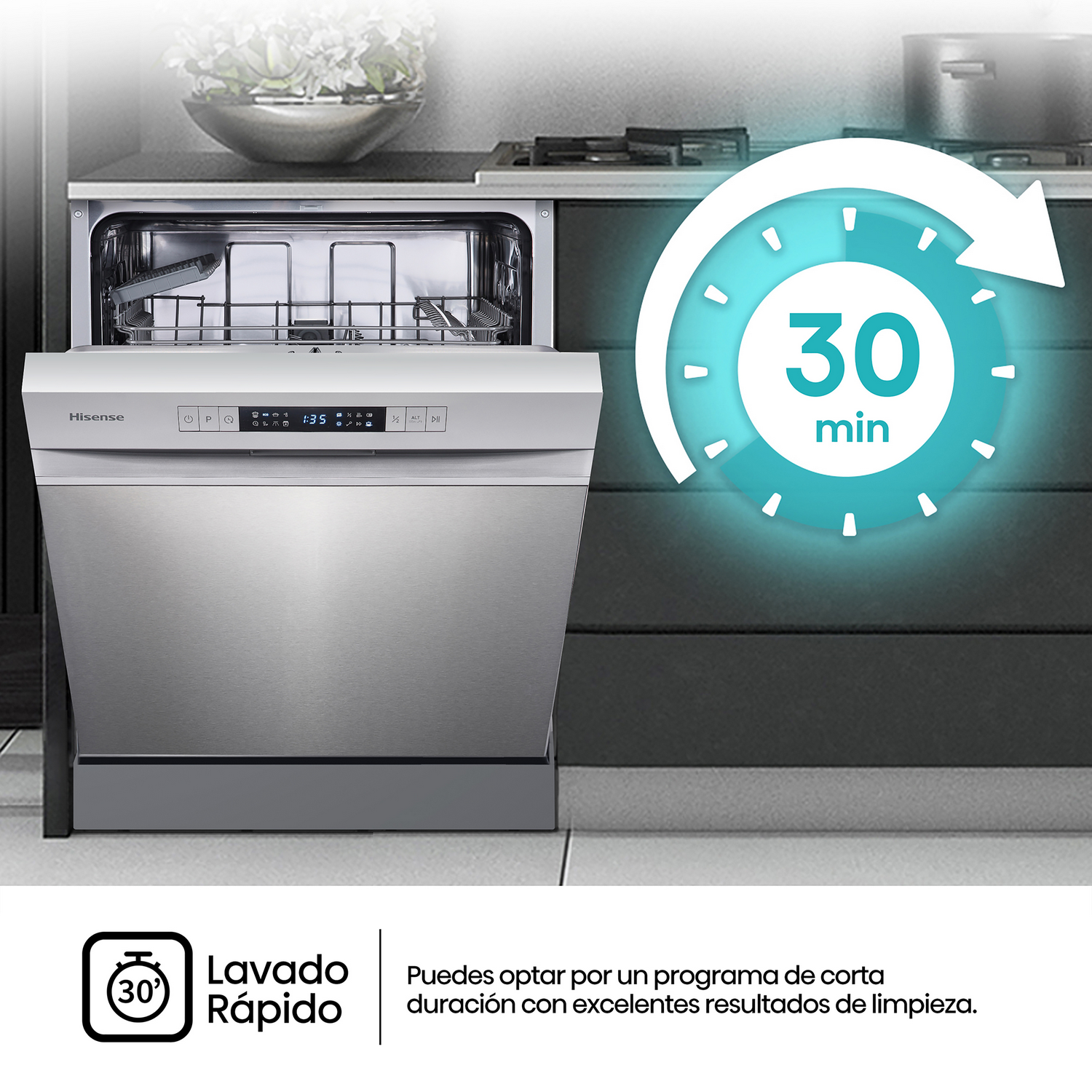 Un lavavajillas Hisense de acero inoxidable con una pantalla que muestra '1:35' y un icono de ciclo de lavado de 30 minutos.