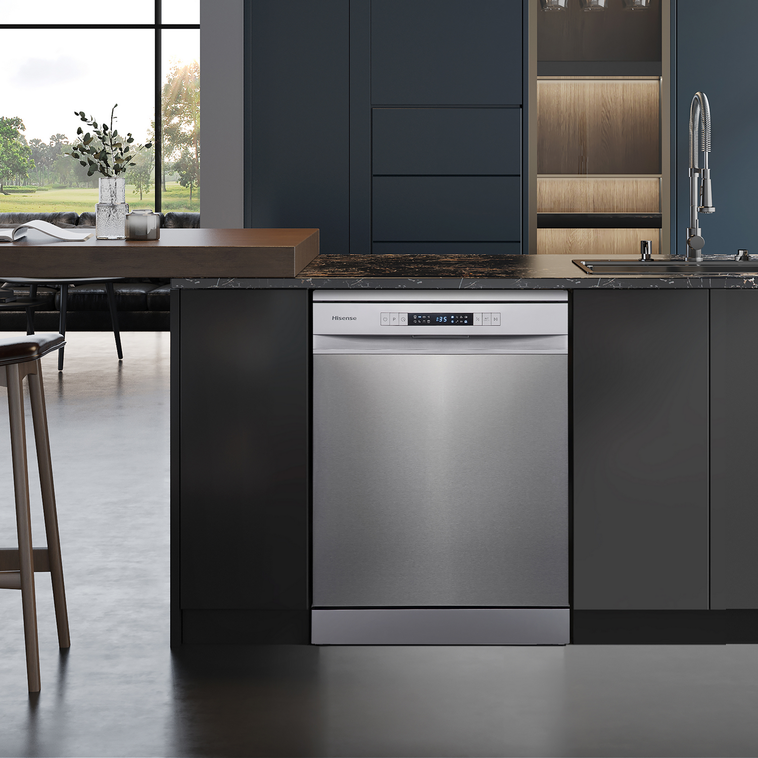Un lavavajillas de acero inoxidable está en una cocina moderna con encimera y gabinetes oscuros.