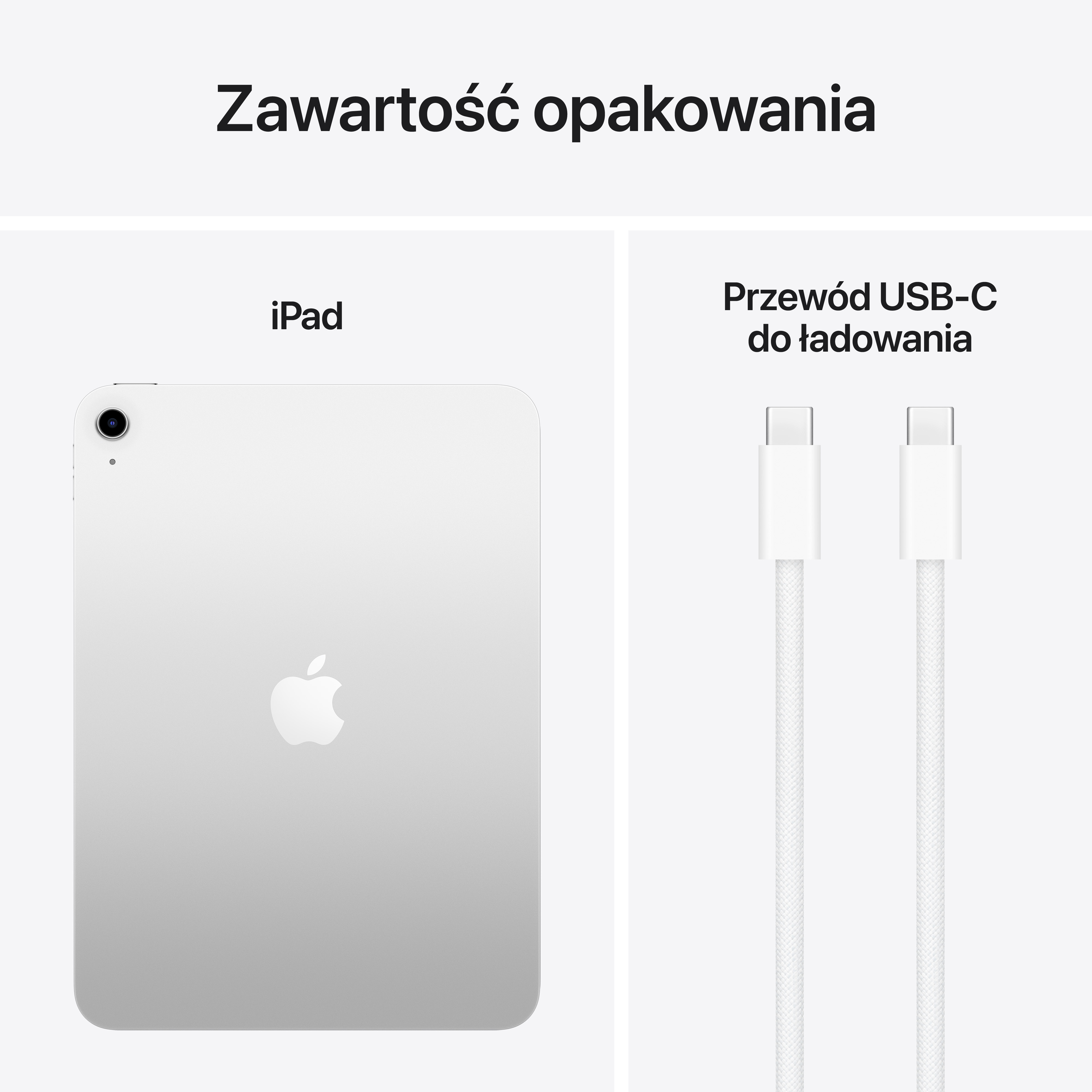 iPad i biały kabel ładujący USB-C, prezentowane na białym tle.