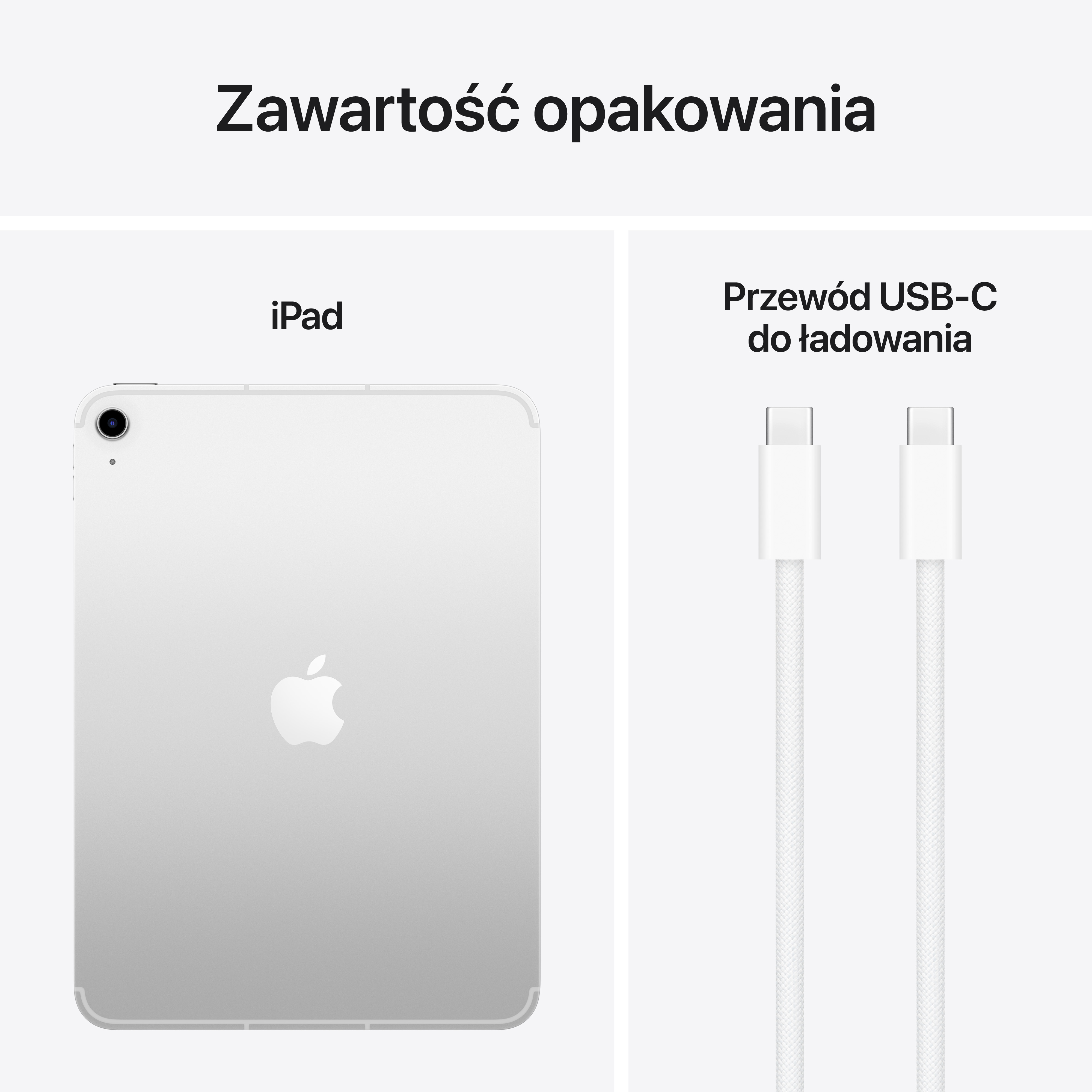 iPad i kabel USB-C na białej powierzchni. Tekst u góry mówi 'Zawartość opakowania'.