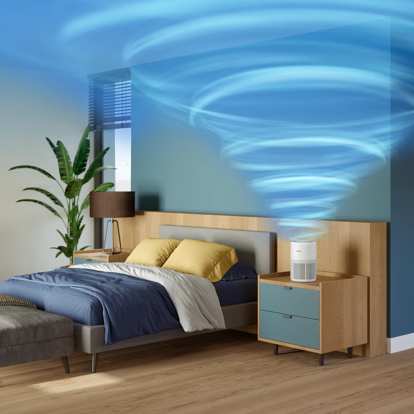 Chambre avec lit, purificateur d'air et effet de tornade bleu.