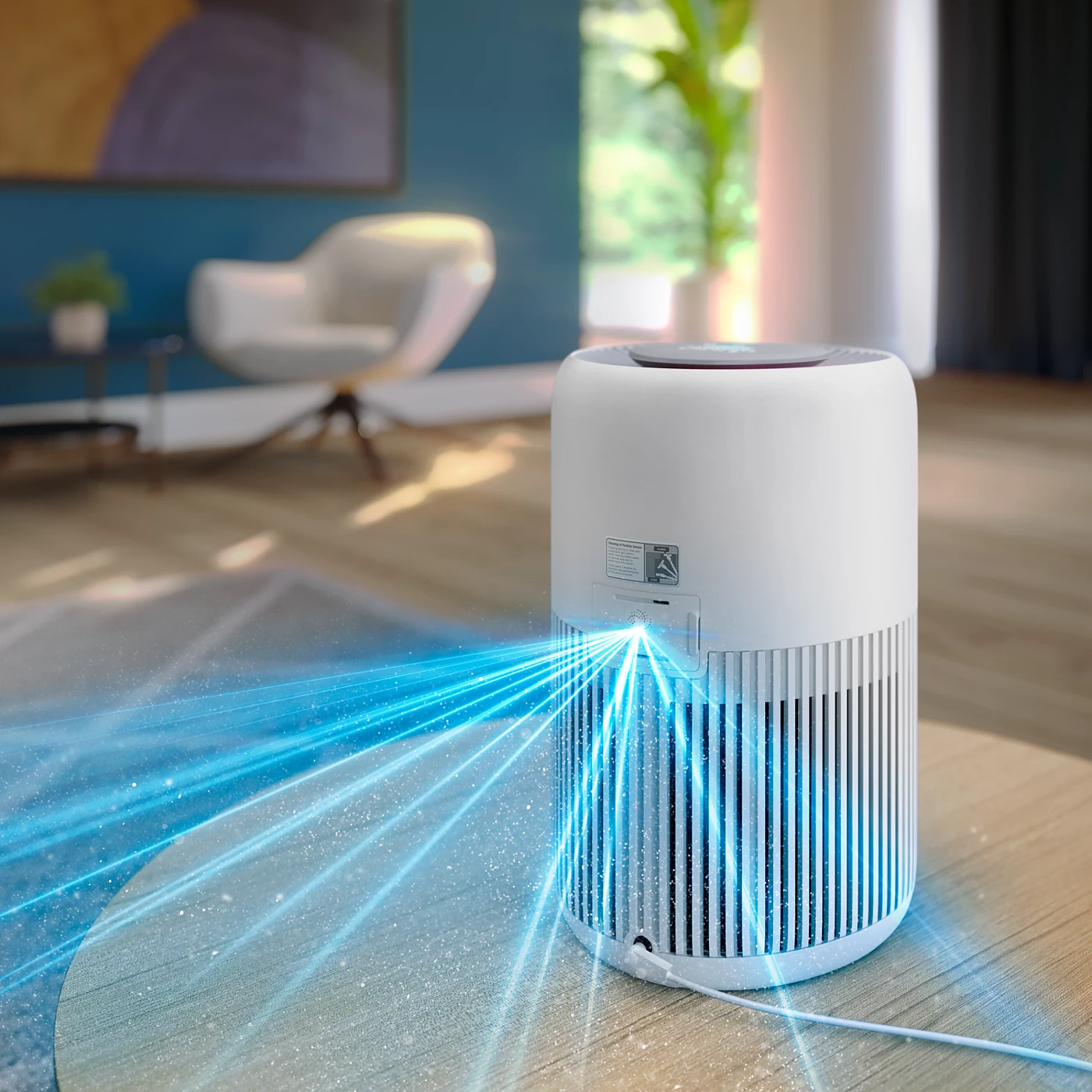 Purificateur d'air blanc sur une table émettant des flux d'air bleus.