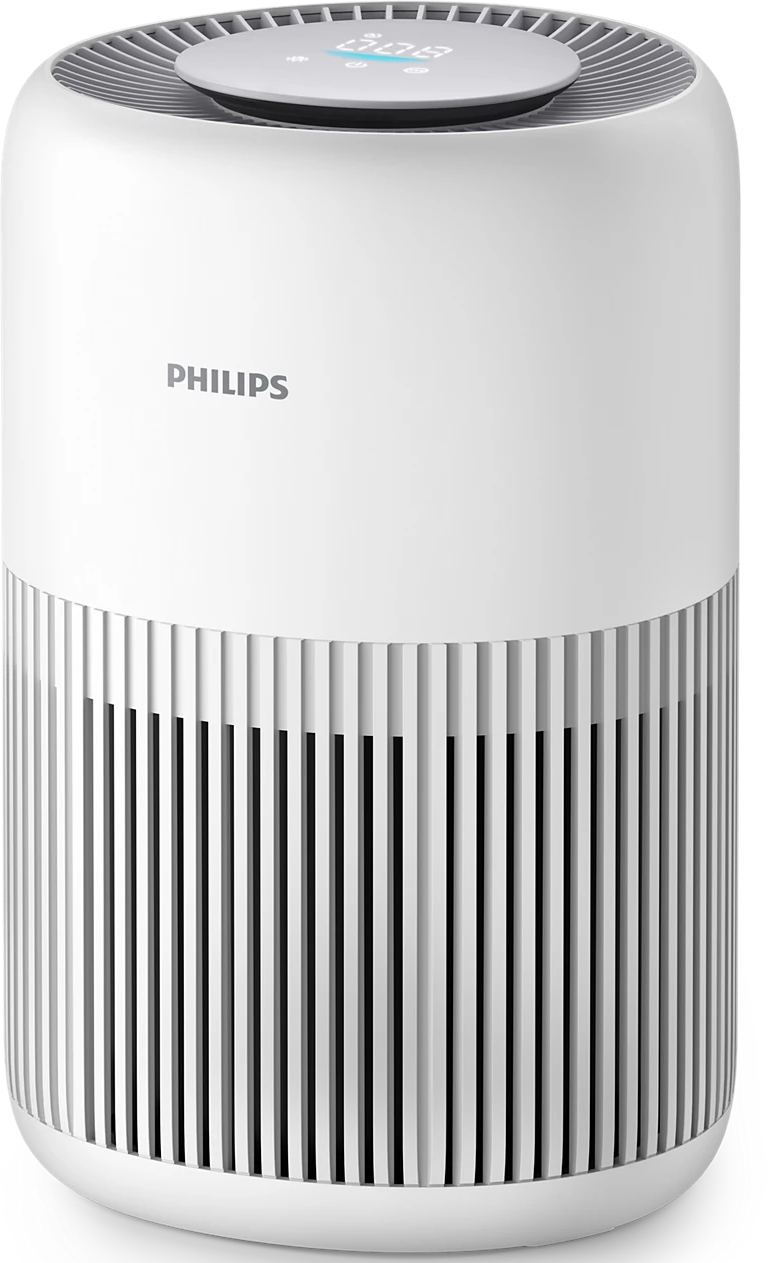 Purificateur d'air Philips blanc. Forme cylindrique avec fentes verticales et panneau supérieur.