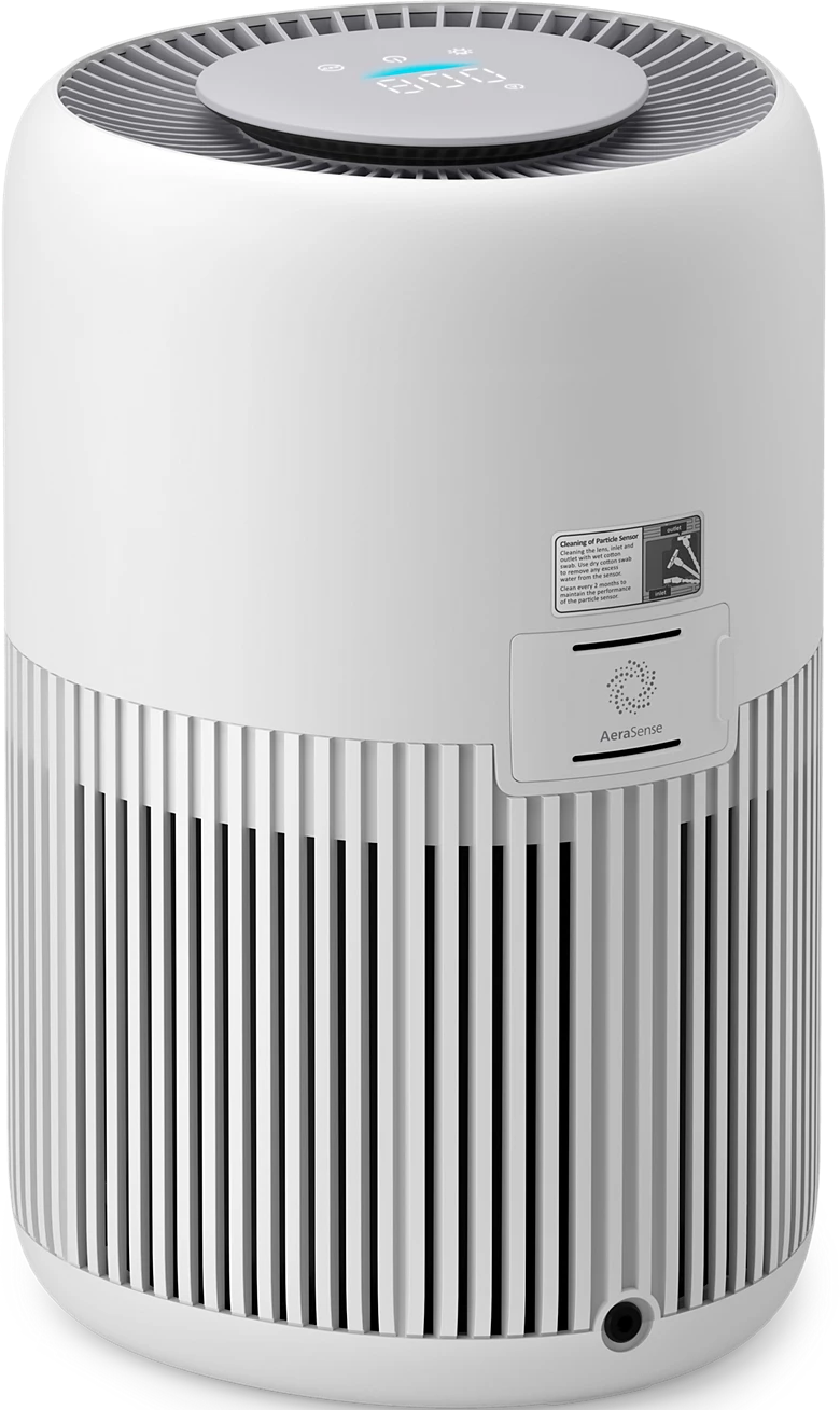 Un purificateur d'air blanc de forme cylindrique avec un affichage numérique sur le dessus.