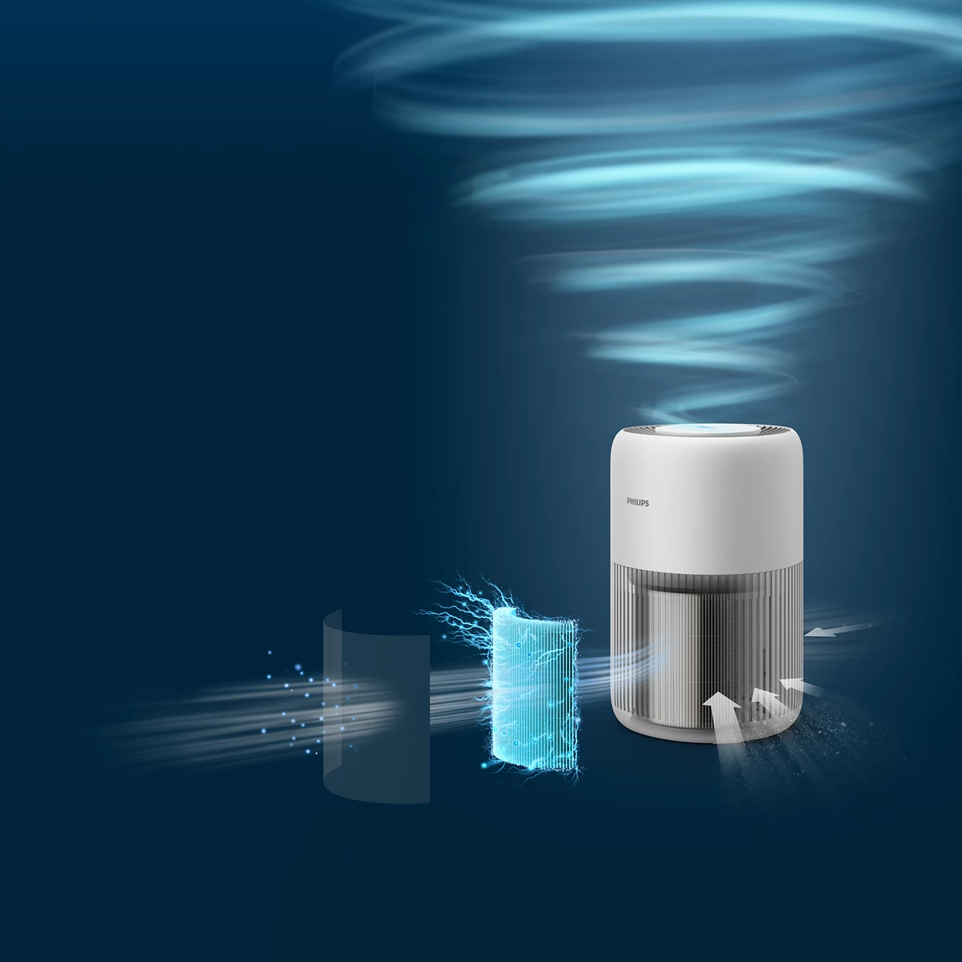 Purificateur d'air blanc avec flux d'air bleu. Graphique animé avec filtre. Fond bleu.