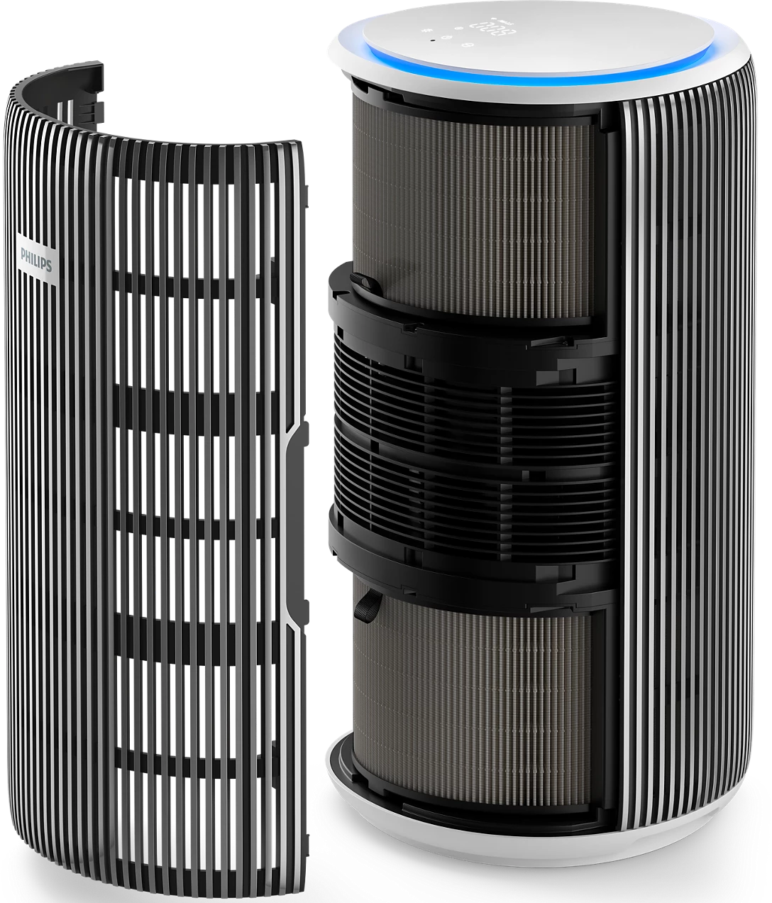 Philips Luftreiniger mit geöffneter Frontplatte, zeigt das Filtersystem.