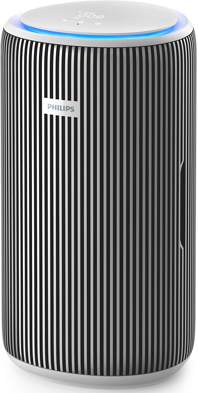 Zylindrischer Luftreiniger. Schwarz-weiße vertikale Streifen, weiß oben und unten. Philips-Logo vorne.