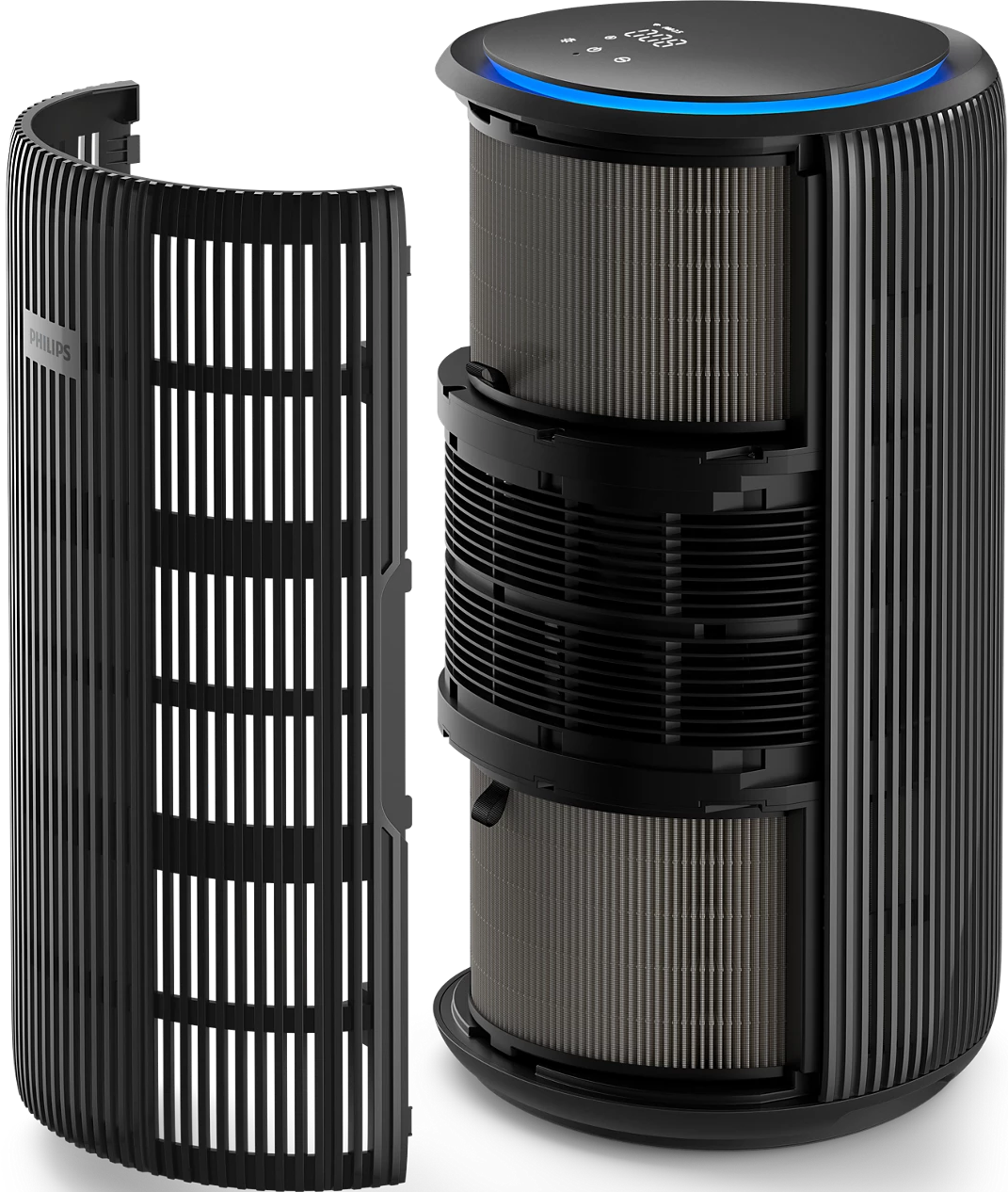 Purificatore d'aria Philips nero con filtri esposti.