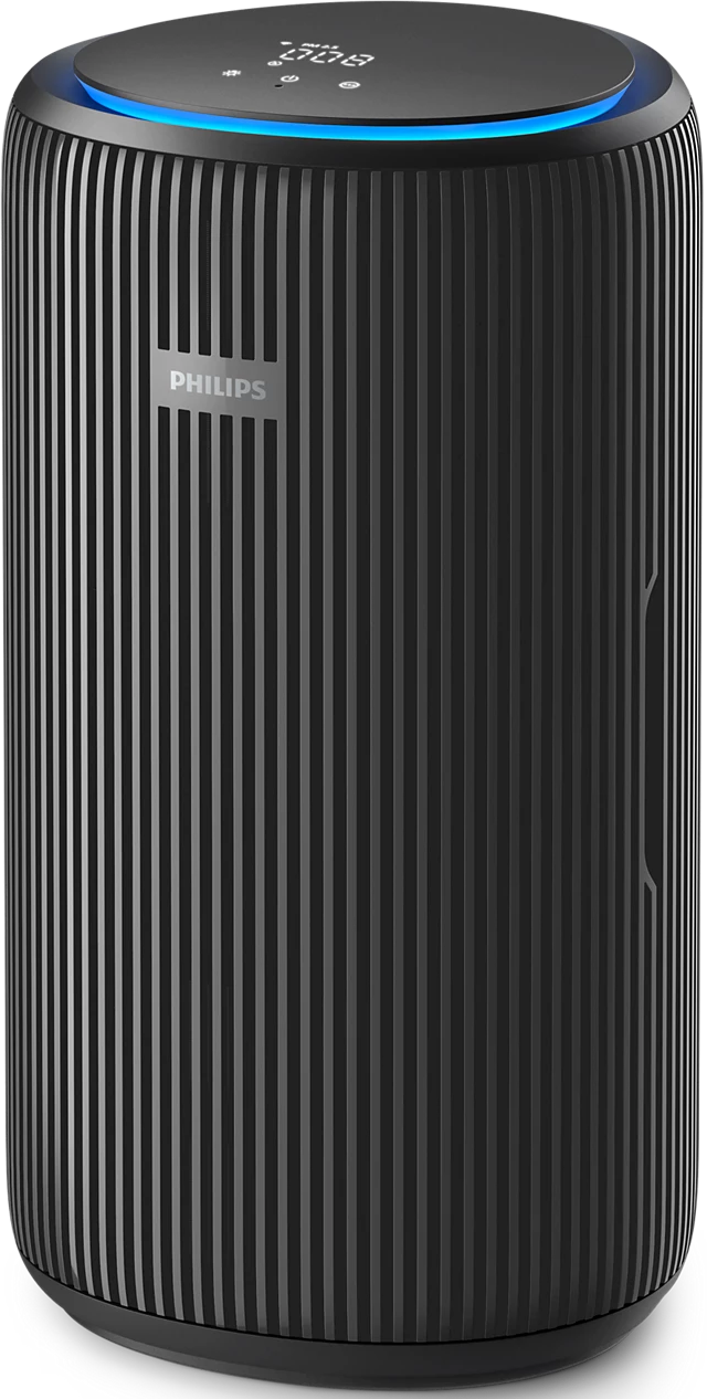 Purificatore d'aria nero con linee verticali e parte superiore blu con display digitale. Logo Philips.